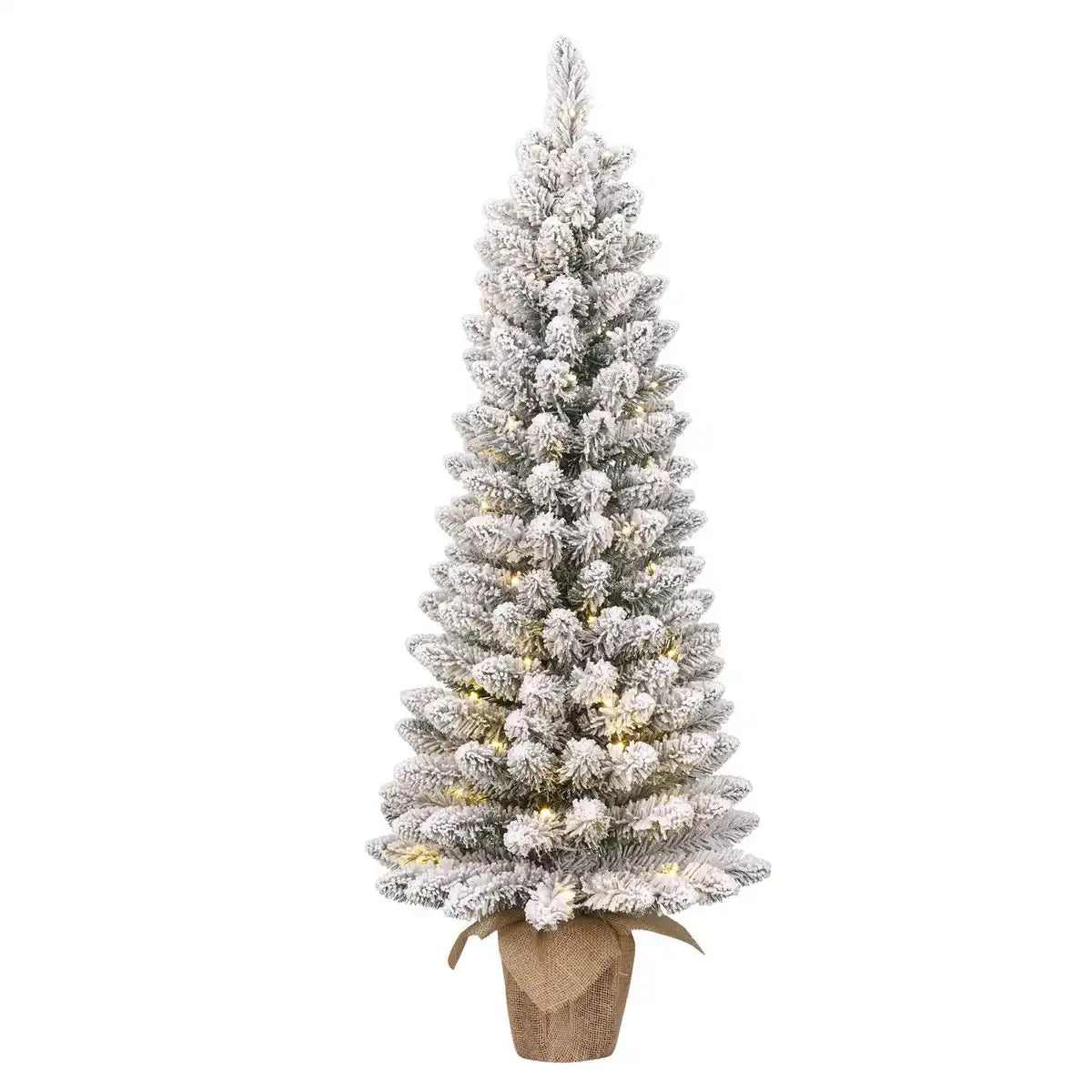 Schmaler künstlicher Weihnachtsbaum aus Jute mit warmweißer LED-Beleuchtung – H90 x Ø41 cm – Grün gefrostet