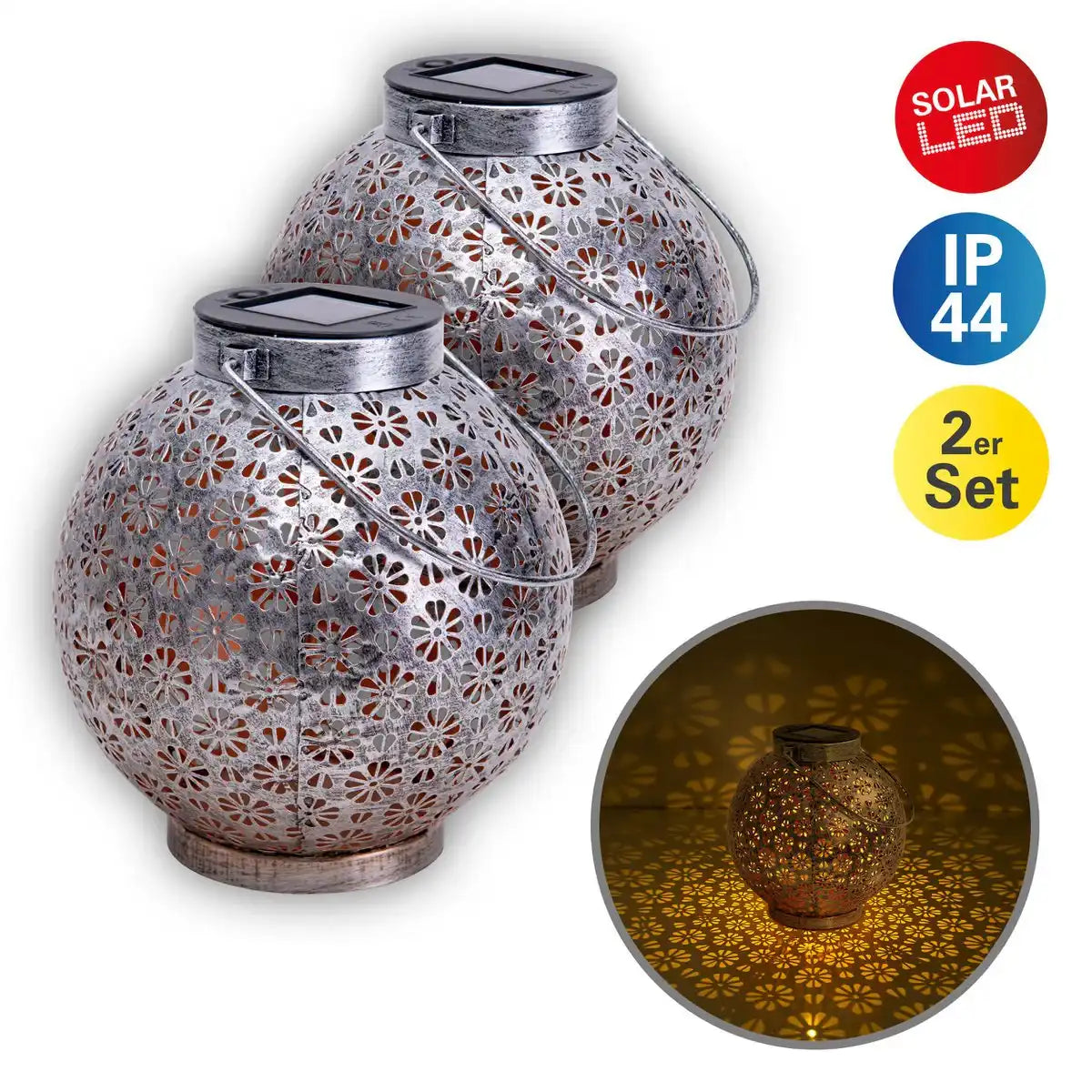 2er-Set LED Deko-Solarleuchte Ø 18 cm Außen Deko aus Metall in Silber mit integrierten LEDs