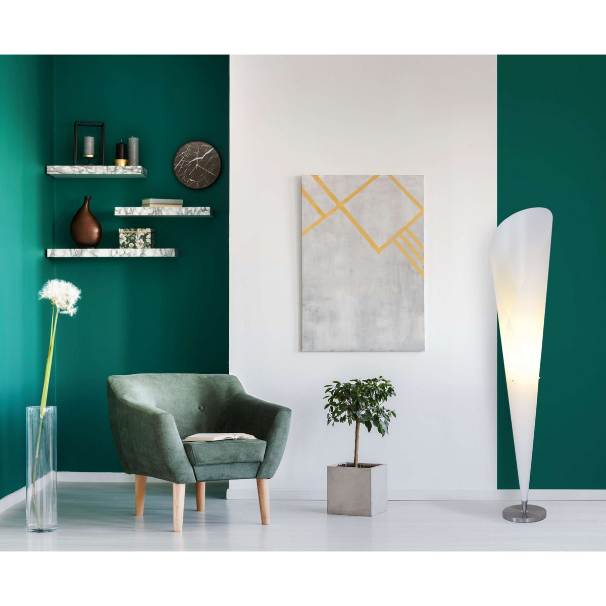 Stehleuchte "TULIP" aus Metall und weißem Kunststoff, E27-Fassung, Beleuchtung für Wohnzimmer, Esszimmer oder Büro