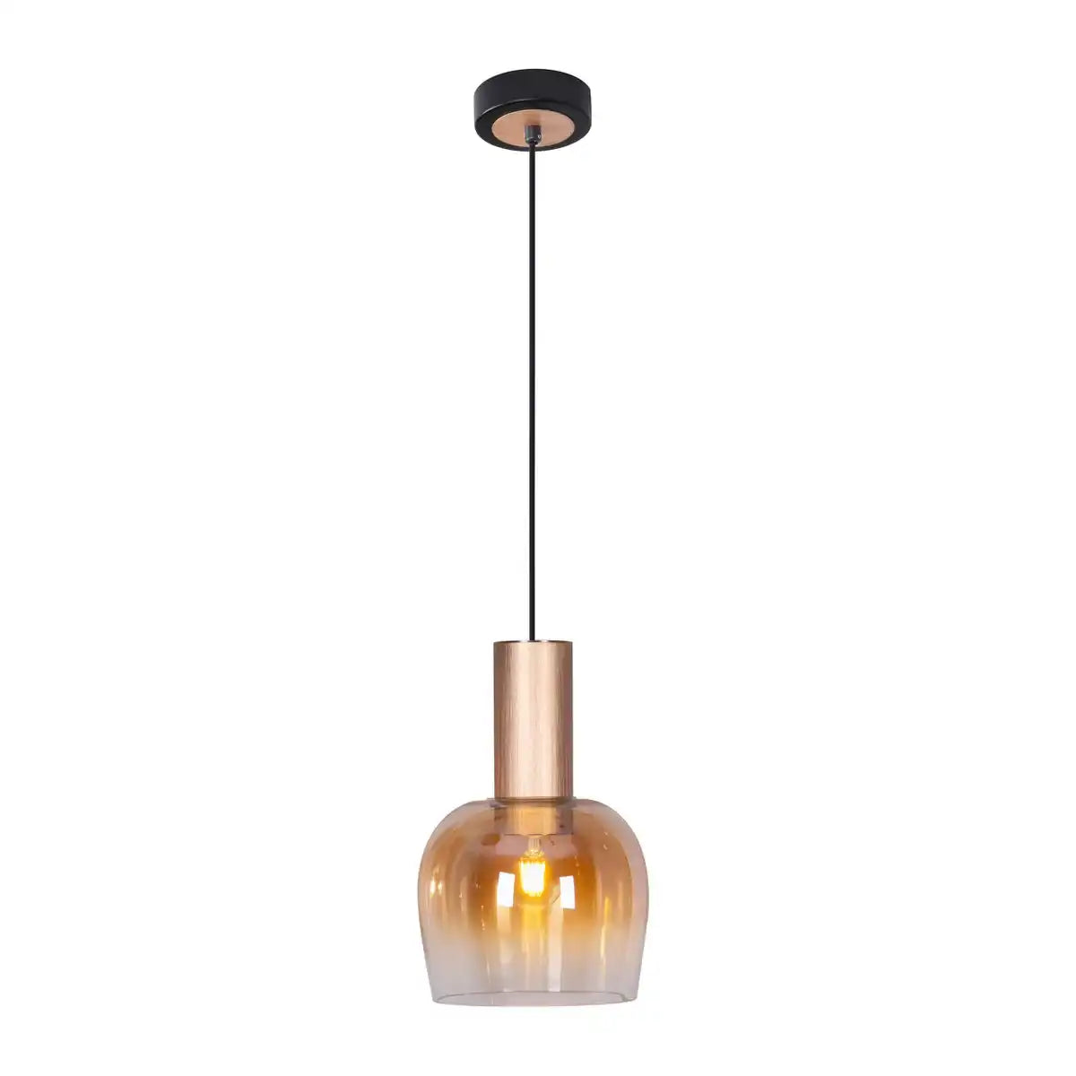 1er Pendelleuchte "FUNDA" 150 cm hoch, Ø 23,5 cm, aus gebürstetem messingfarbenem Metall und amberfarbenem Glas, E27, für Wohnzimmer, Esszimmer, Küche und Büro