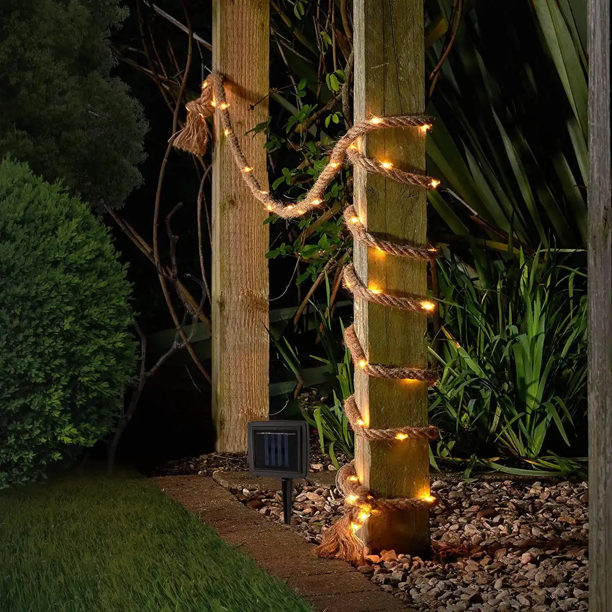 Solar-Lichterkette "Canamo" aus Hanfseil in ´Natur, 8 m lang, plus 2 m Zuleitung, warmweiß, für den Außenbereich