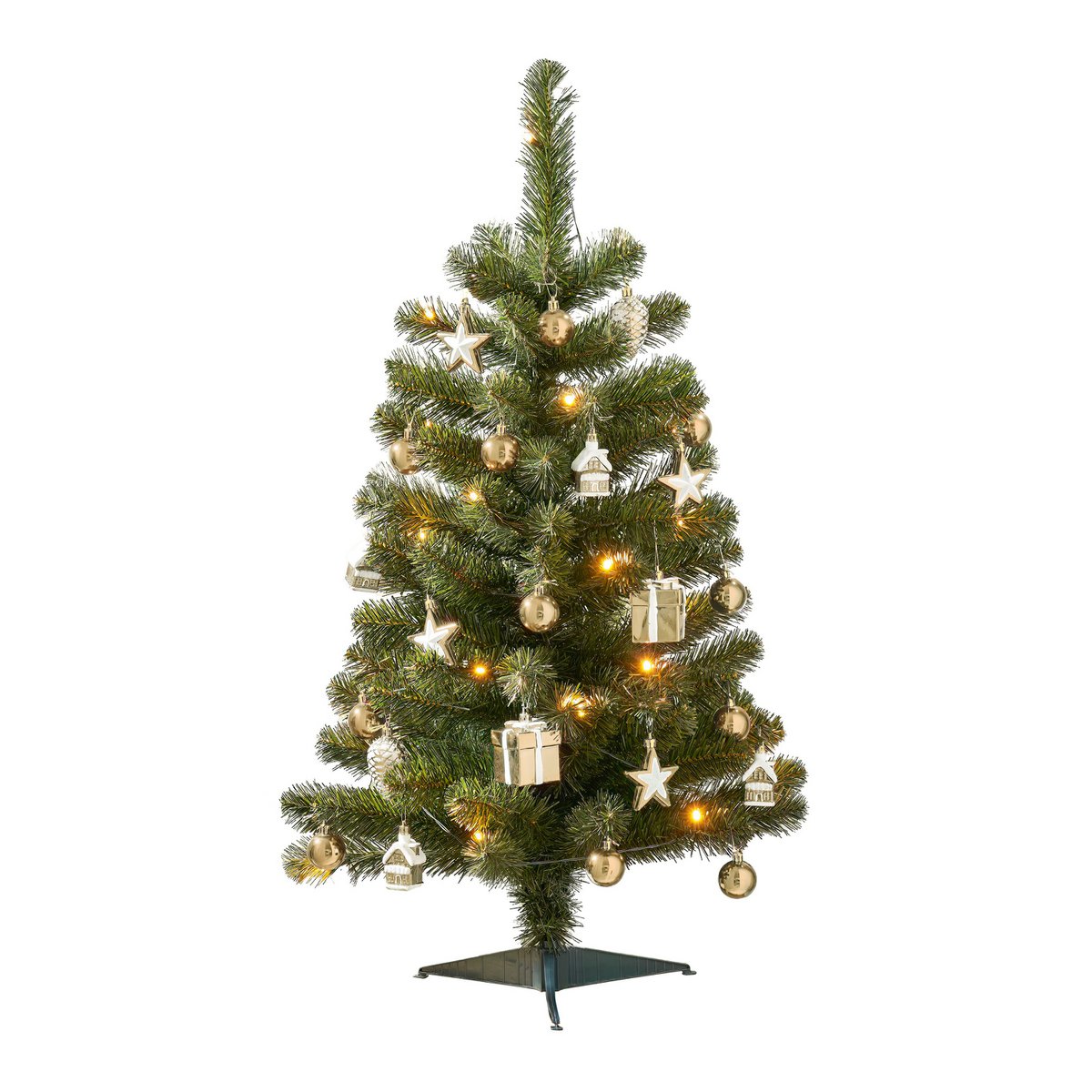 Joy Künstlicher Weihnachtsbaum mit 26 Ornamenten und LED-Beleuchtung – H90 x Ø50 cm – Grün, Gold
