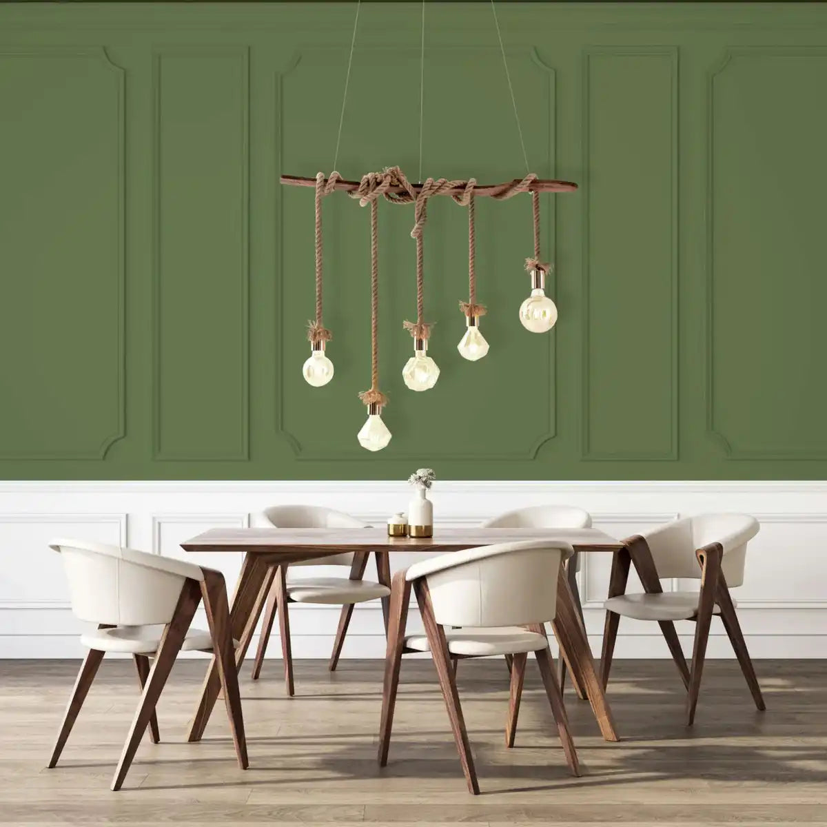 Pendelleuchte "ROPE" 5flg. Pendellampe aus Holz und Seil in natur, E27-Fassung, Beleuchtung für Wohnzimmer oder Büro