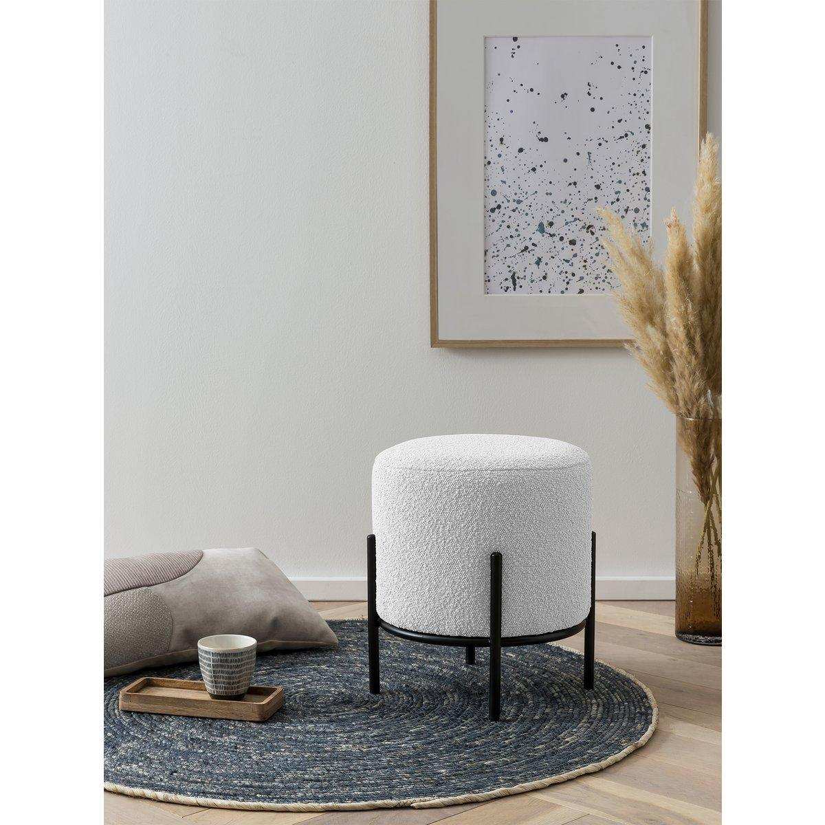 Gepolsterter Hocker Ø35 cm, Bouclé-Stoff, weiß - HomeDesign Knaus