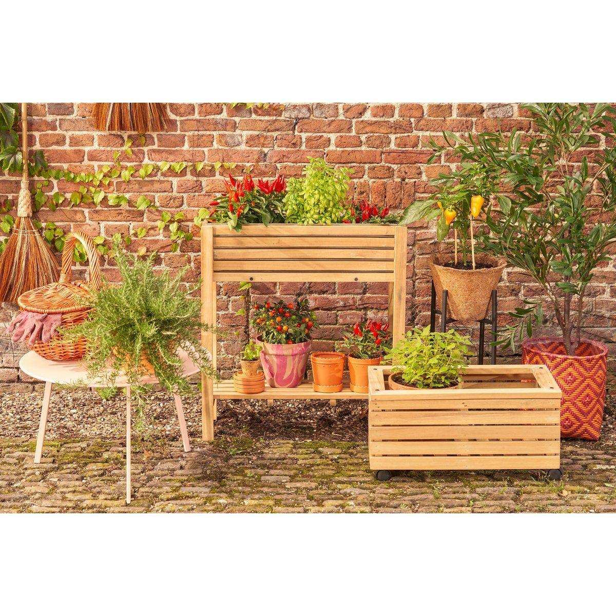 Glenwood Pflanzgefäß rechteckig auf Rädern für den Außenbereich – L60 x B35 x H30 cm – Akazienholz – Braun - HomeDesign Knaus