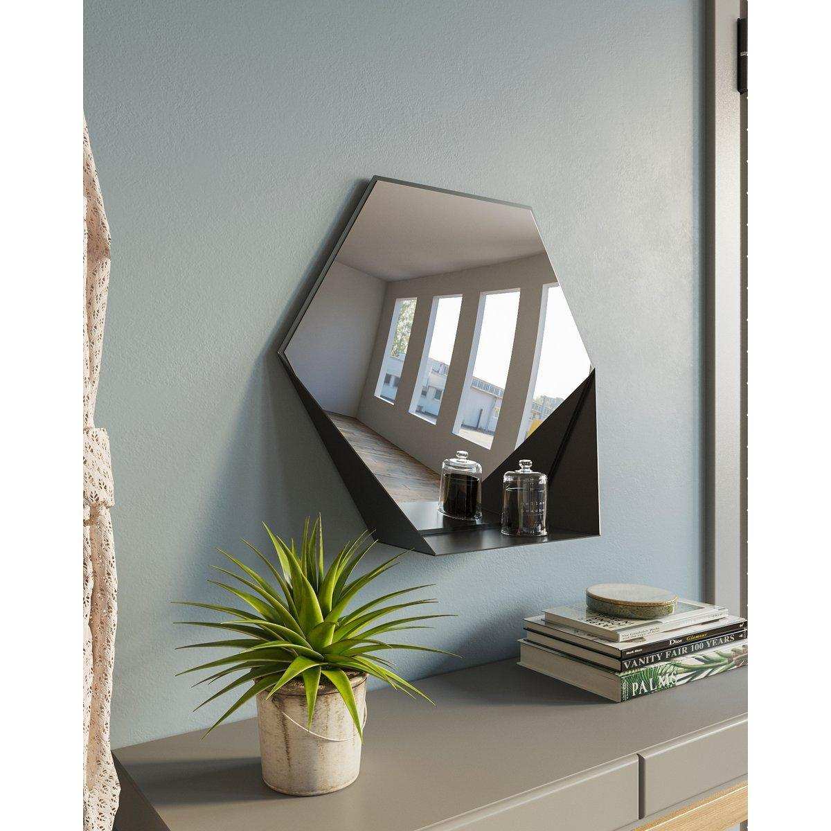 Gorillz Hive Wandspiegel mit Ablage – Hexagon-Spiegel – 60 x 52 cm – Industrial Black - HomeDesign Knaus