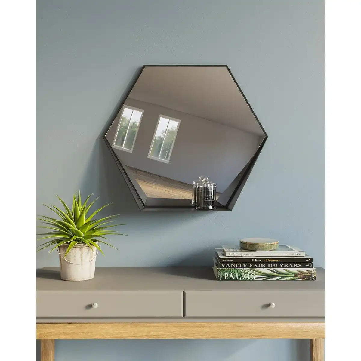 Gorillz Hive Wandspiegel mit Ablage – Hexagon-Spiegel – 60 x 52 cm – Industrial Black - HomeDesign Knaus