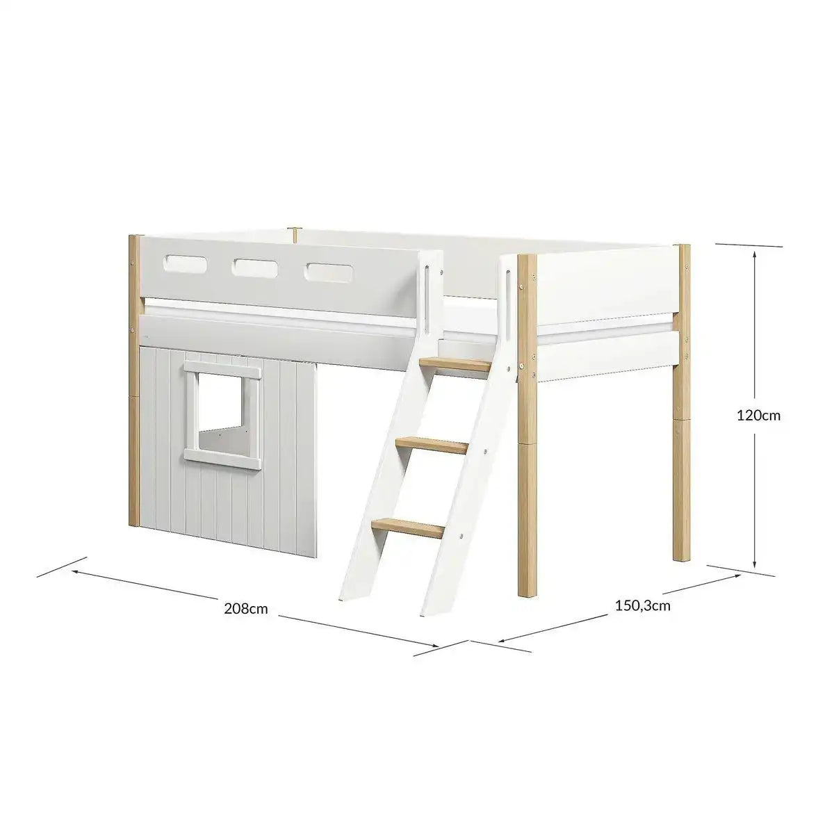 Halbhohes Bett, sl. Leiter & Baumhaus-Bettfronten, weißer Rahmen - HomeDesign Knaus