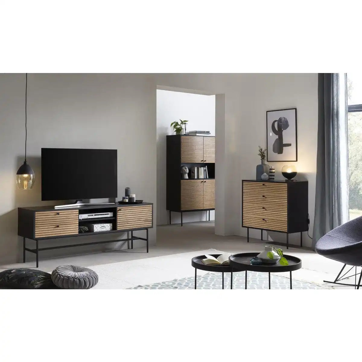 Highboard Schwarz/Eiche Echtholzfurnier - HomeDesign Knaus