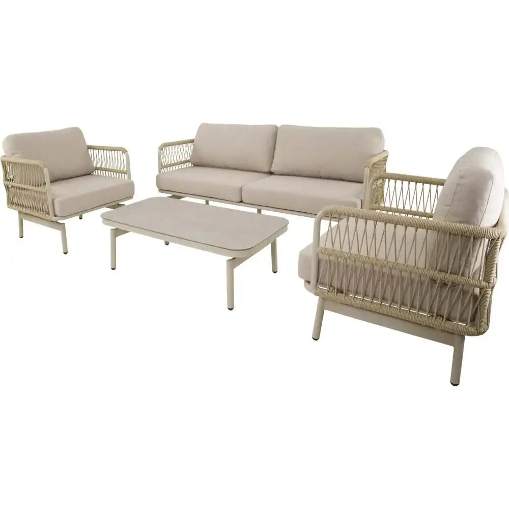 Lounge Set Akiro Beige – Aluminium Gartenlounge mit Sofa, 2 Sesseln & Tisch
