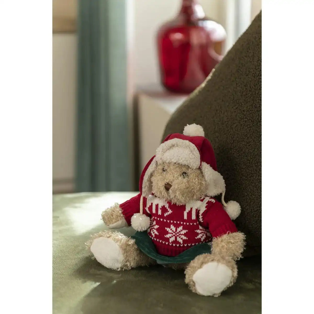 J-Line Bear Girl Weihnachtspullover + Mütze Textil Beige/Rot Small - HomeDesign Knaus