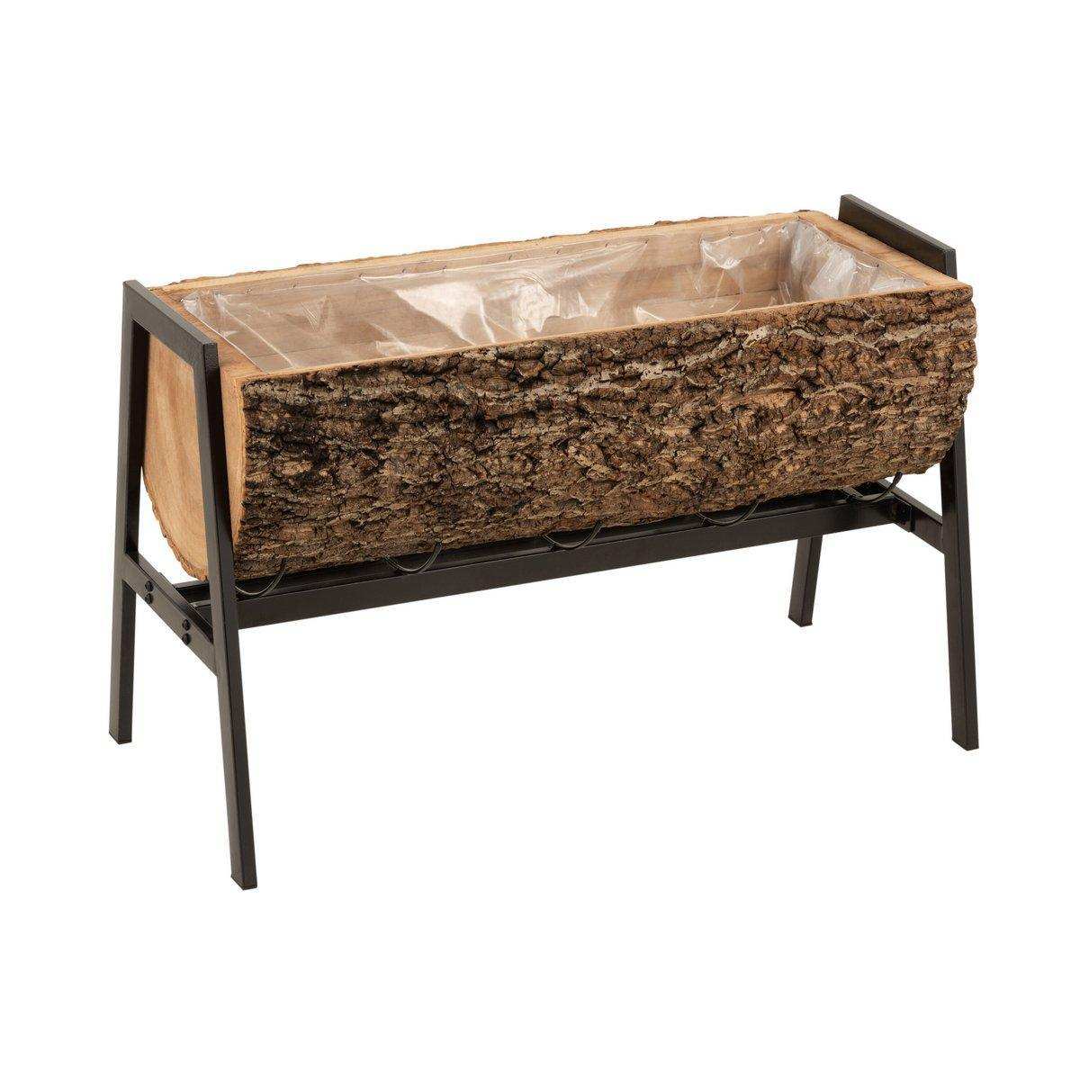 J-Line Blumentopf auf Fuß, Halbstamm, Paulownia-Holz/Eisen, Natur/Schwarz, groß - HomeDesign Knaus