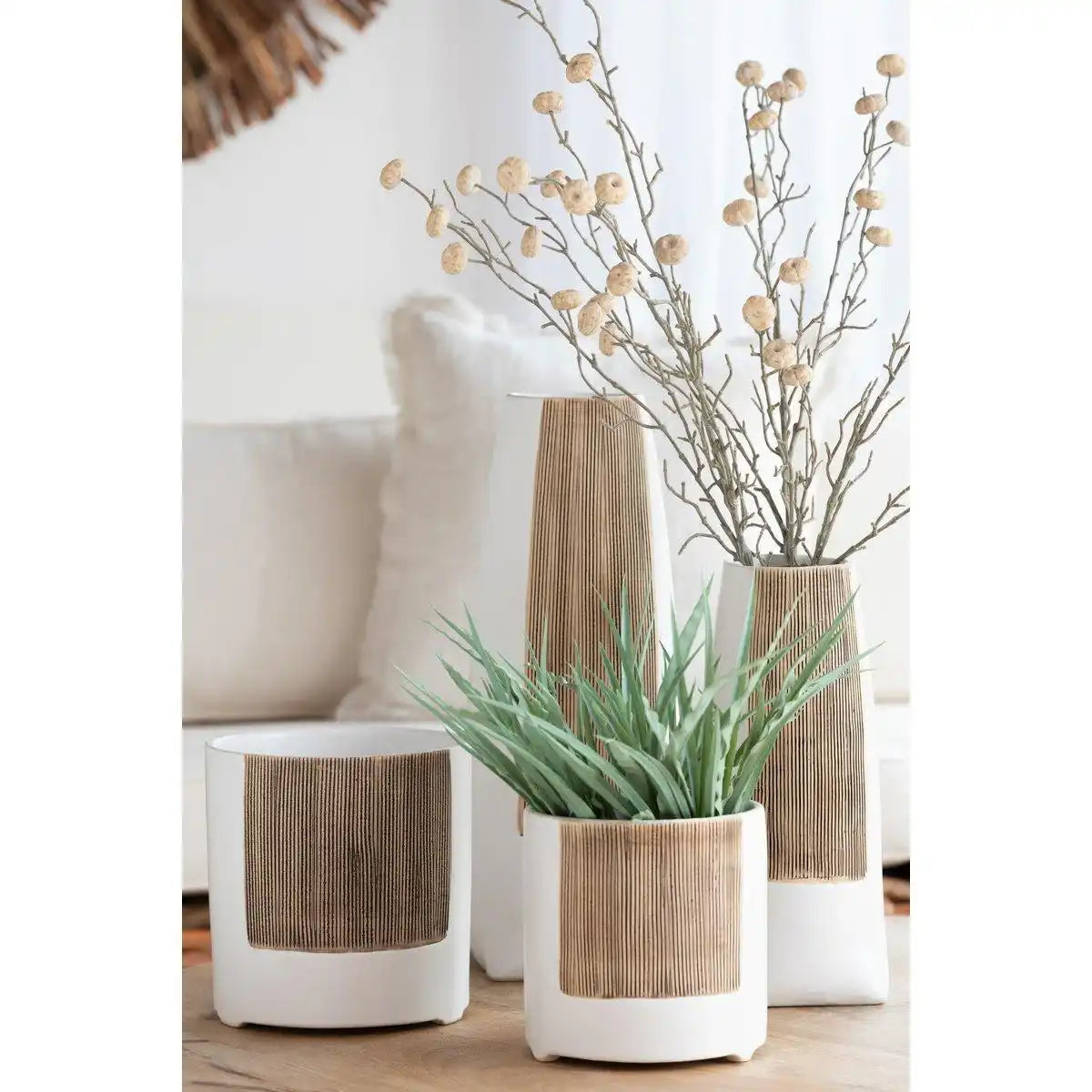 J-Line Blumentopf Ibiza Round - Keramik - Weiß/Braun - Groß - Ø 14,50 cm - HomeDesign Knaus