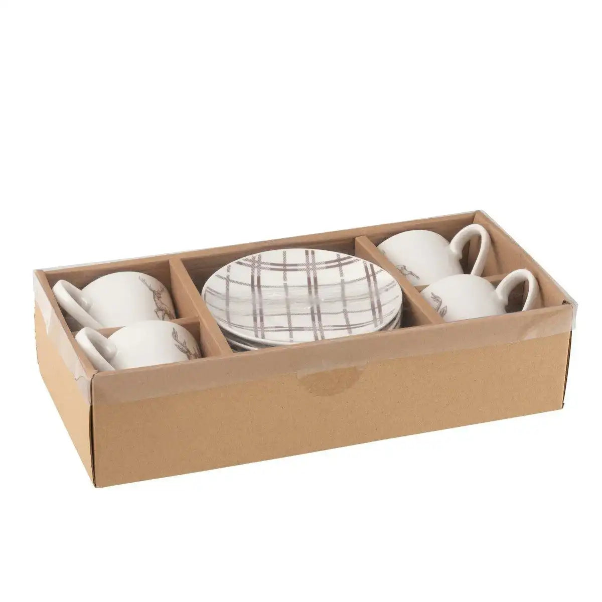 J-Line Box 4 Teebeutel + Geschirr, Rentier-Geschenkbox, Keramik, Weiß/Braun, groß - HomeDesign Knaus
