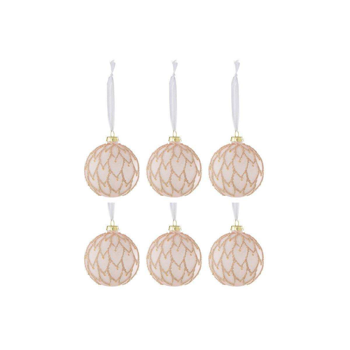 J-Line Box mit 6 Weihnachtskugeln, Herzen, Perlen, Glas, Frozen, Hellrosa - HomeDesign Knaus