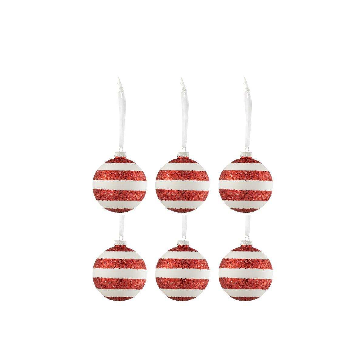 J-Line Box mit 6 Weihnachtskugeln, Streifen, glitzerndes Glas, Weiß/RD, klein - HomeDesign Knaus