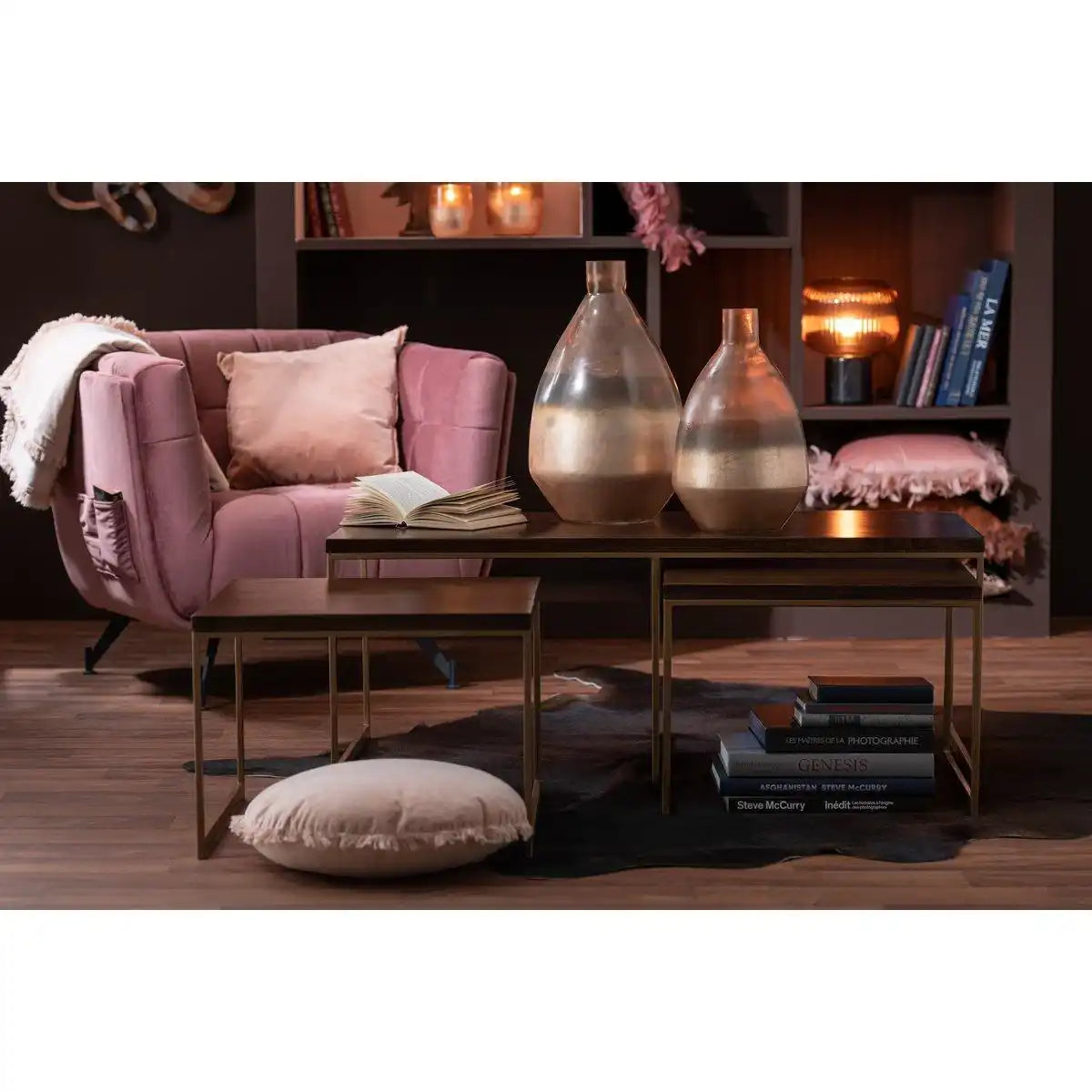 J-Line Couchtisch Rafi 3-teilig Eisen/Holz - Gold/Dunkelbraun - HomeDesign Knaus