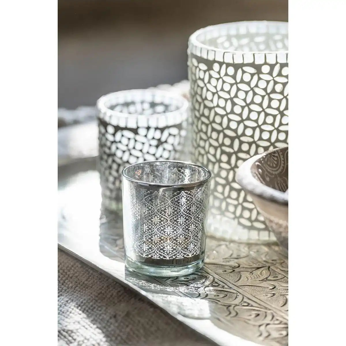 J-Line Kerzenhalter - Teelichthalter Oriental - Glas Silber - HomeDesign Knaus