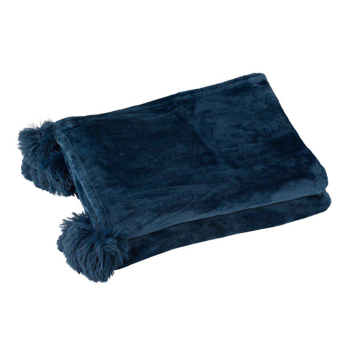 J-Line Plaid Pompom – Polyester – Blau – 170 x 130 cm - HomeDesign Knaus