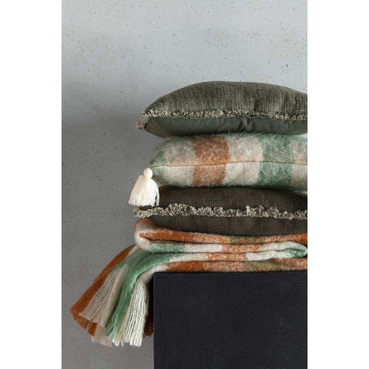 J-Line Plaid Ruitjes+Franjes Acryl Weiß/Grün/Braun - HomeDesign Knaus