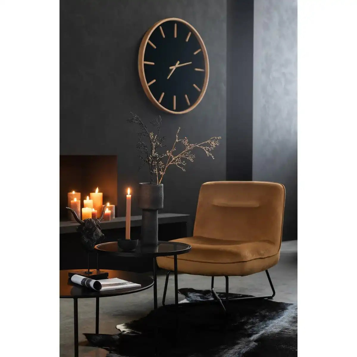 J-Line Runde Uhr – Holz/Glas – braun/schwarz – Ø 80 cm - HomeDesign Knaus