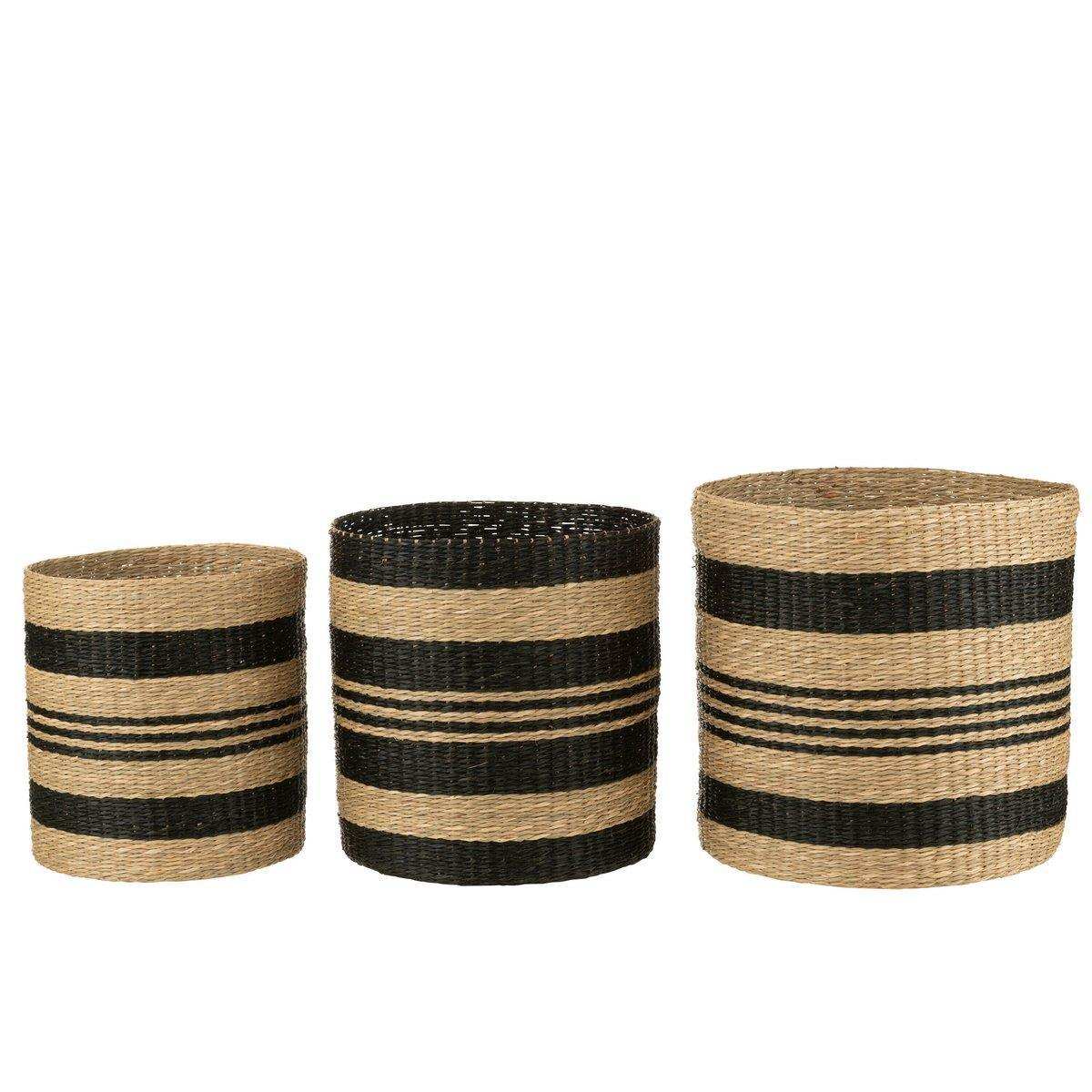 J-Line Set mit 3 Körben, gestreift, Seegras, Schwarz - HomeDesign Knaus
