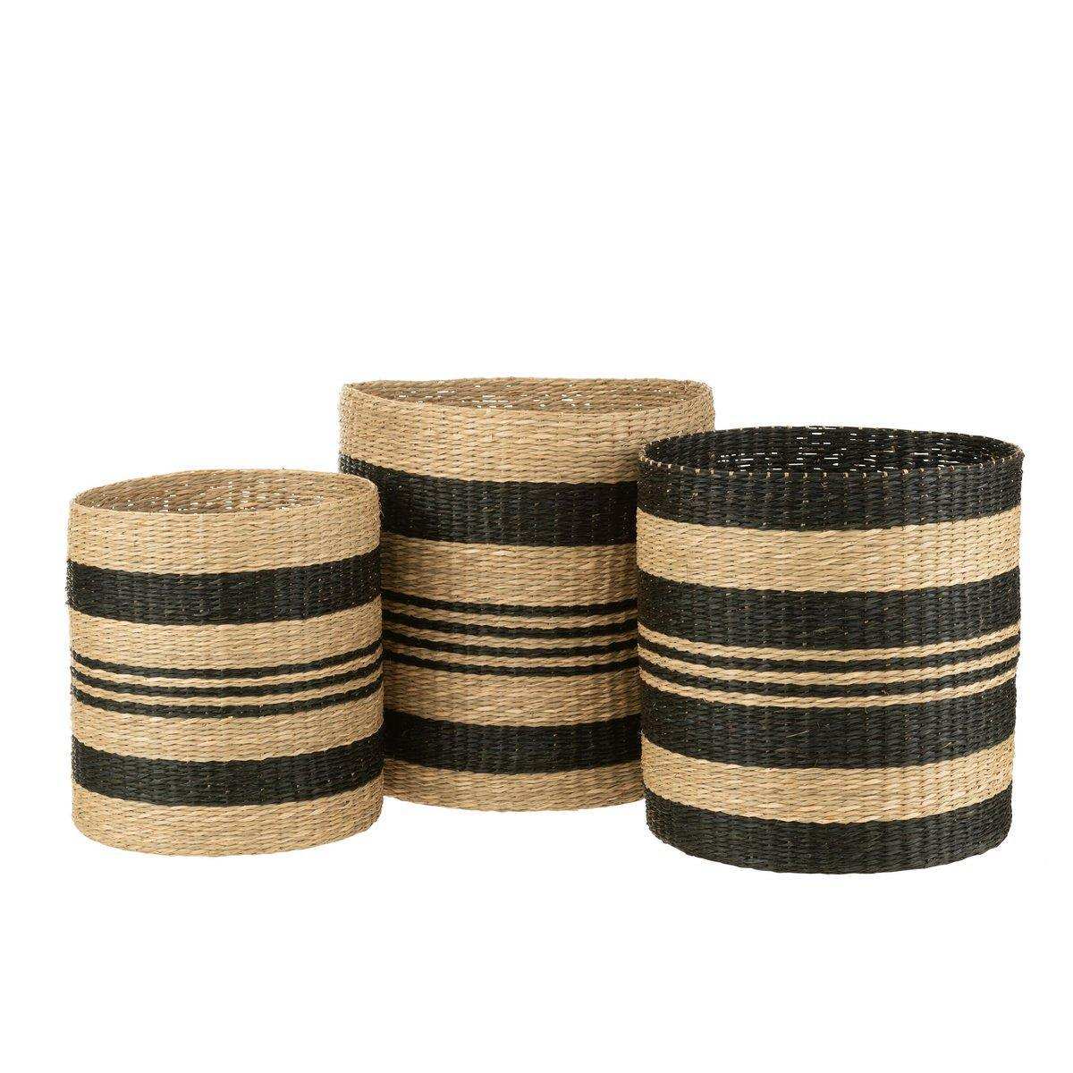 J-Line Set mit 3 Körben, gestreift, Seegras, Schwarz - HomeDesign Knaus