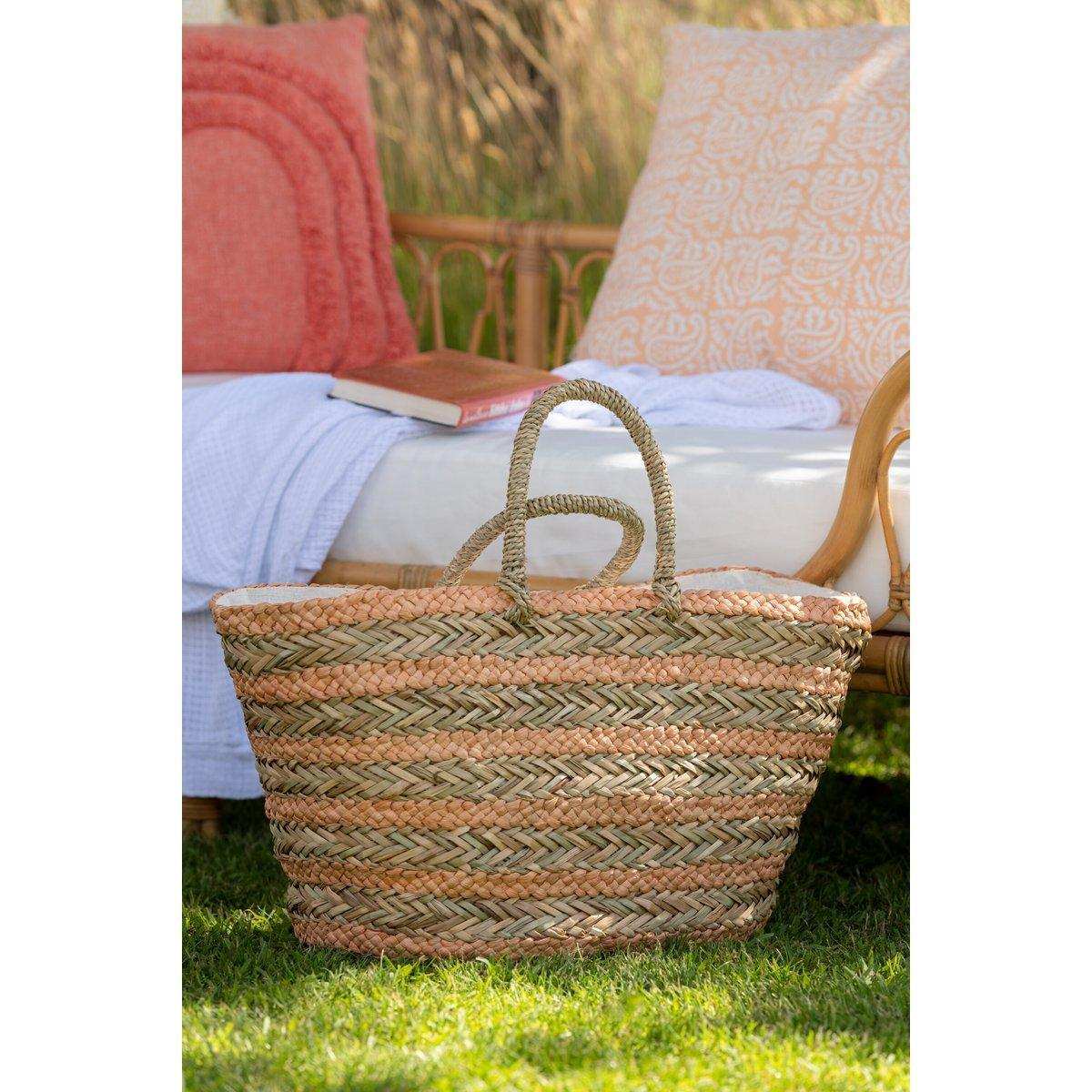 J-Line Strandtasche, kurze Griffe, horizontale Streifen, Jute, Natur/Hellorange - HomeDesign Knaus