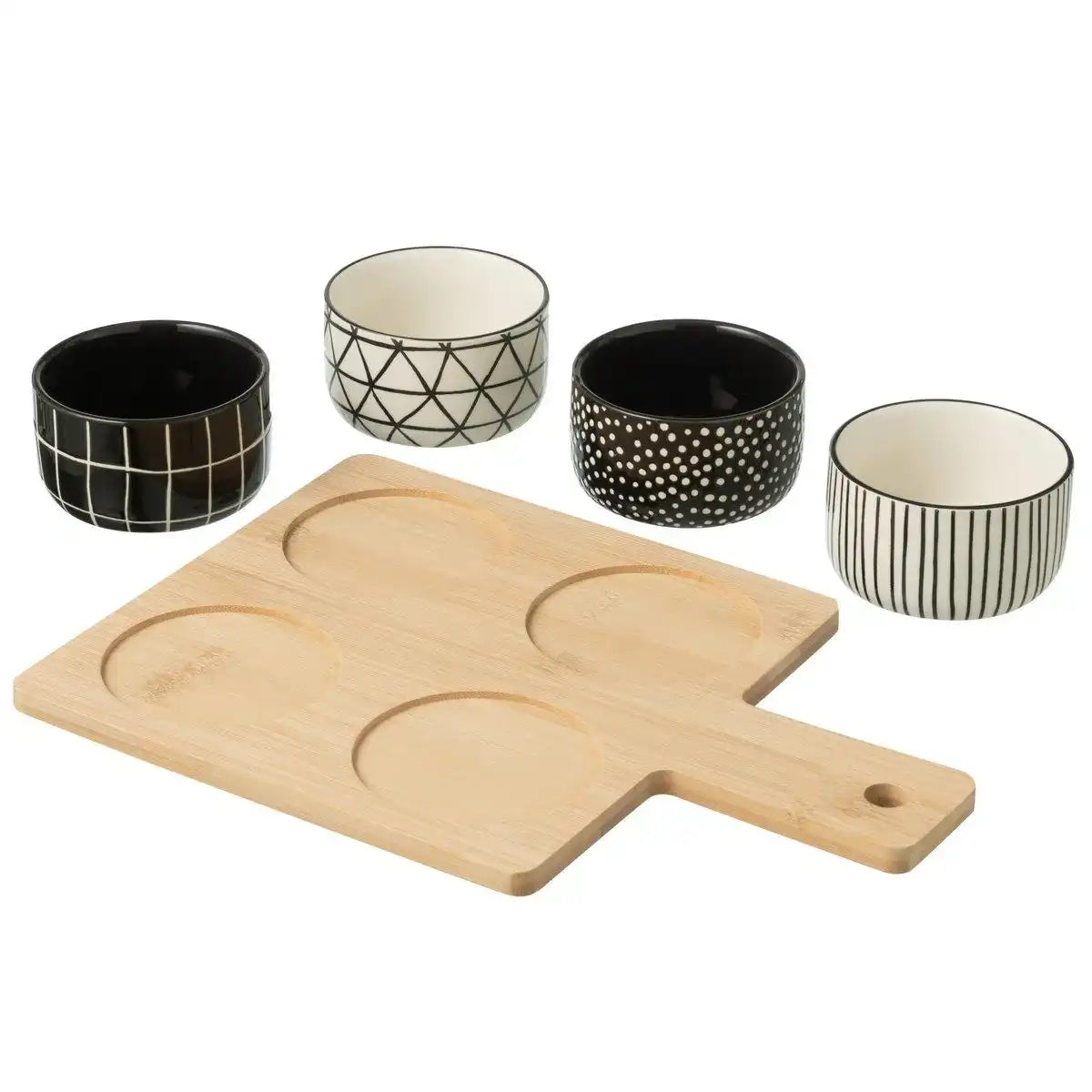 J-Line Tapas-Geschirr 4 Sets + Bambusschale in Box Schwarz/Weiß - HomeDesign Knaus