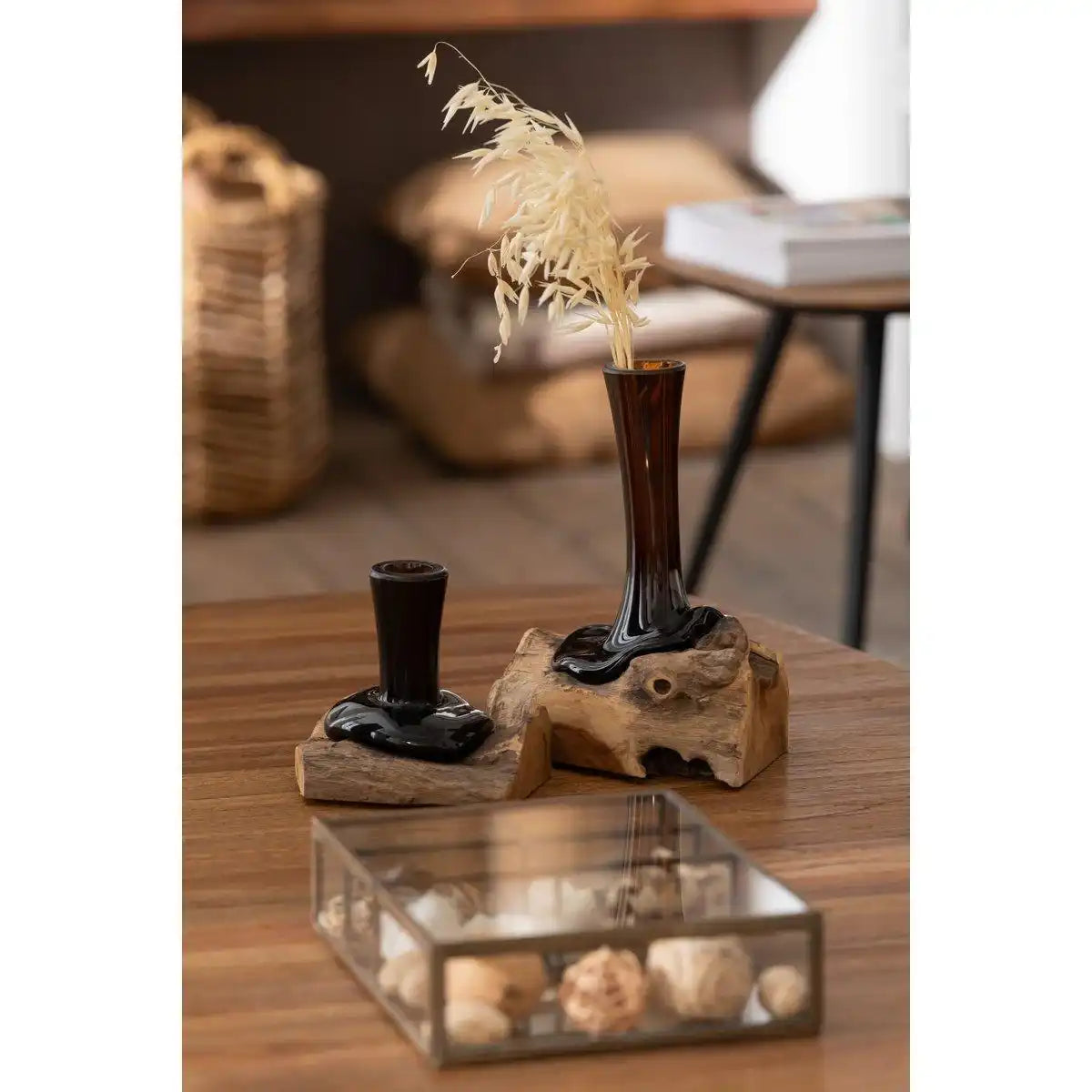 J-Line Vase auf Fuß hoch, Gamal-Holz/Recyclingglas, natur/braun, groß - HomeDesign Knaus