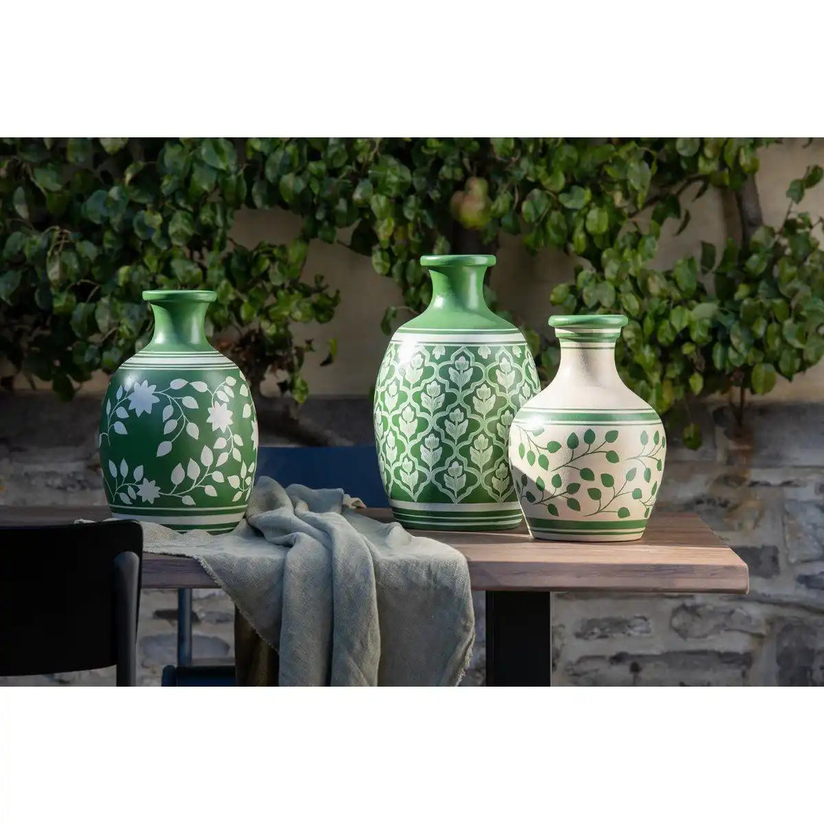 J-Line Vase Leaves + Lines - Keramik - Weiß/Grün - HomeDesign Knaus