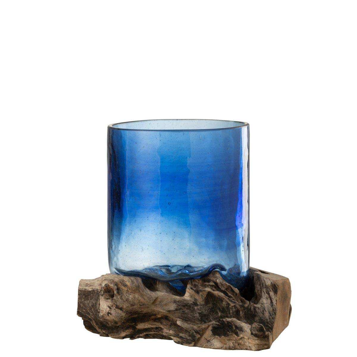 Felix Vase auf Fuß - Holz/Glas - blau - groß