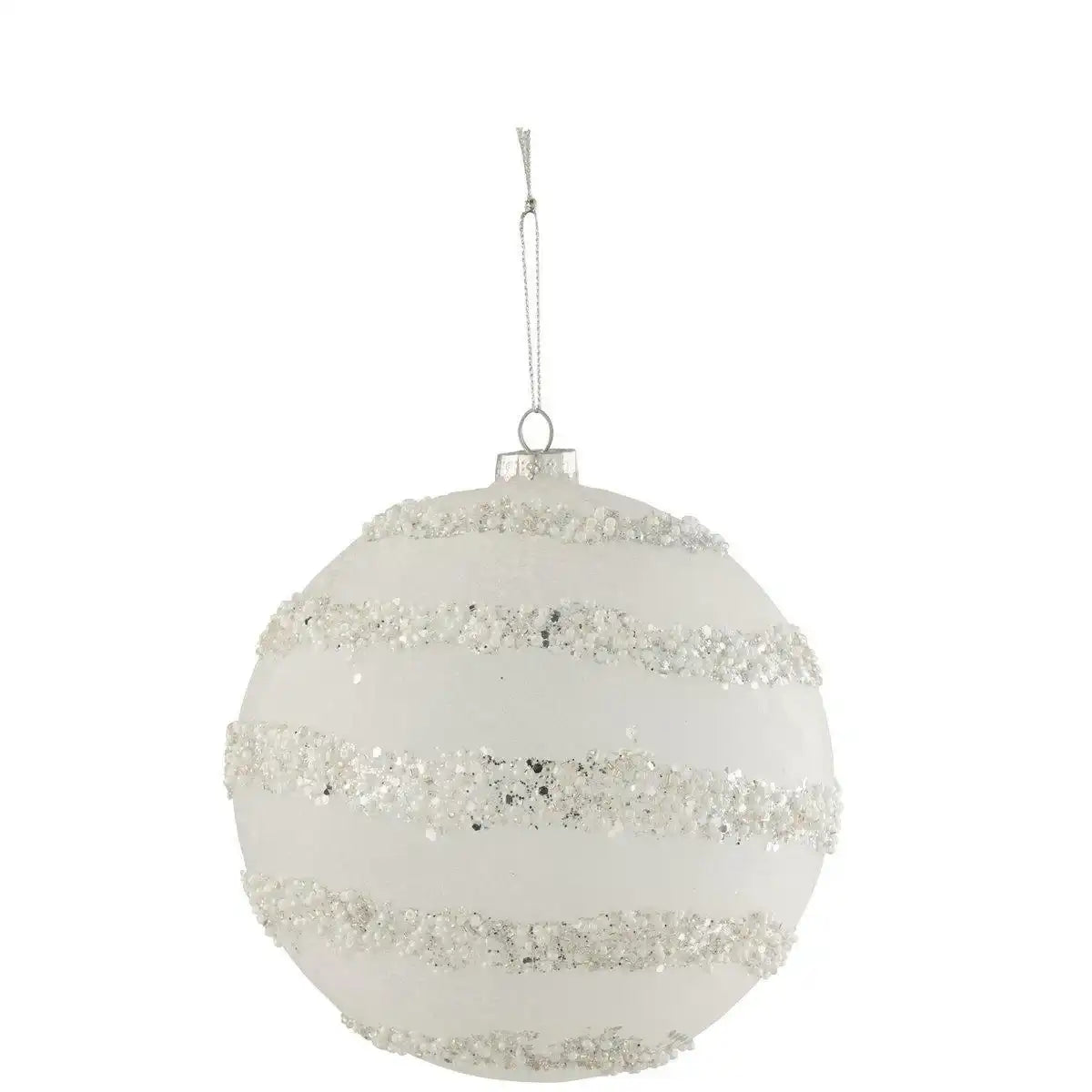 J-Line Weihnachtskugel Linien Glitzer+Perlen Weiß/Silber Glas Mattweiß Extra Groß - HomeDesign Knaus