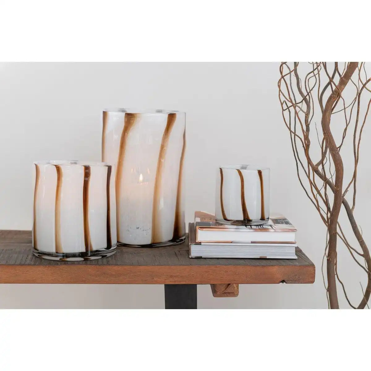 J-Line Windlicht Strepen Safari - Glas - Weiß/Braun - Mittel - HomeDesign Knaus