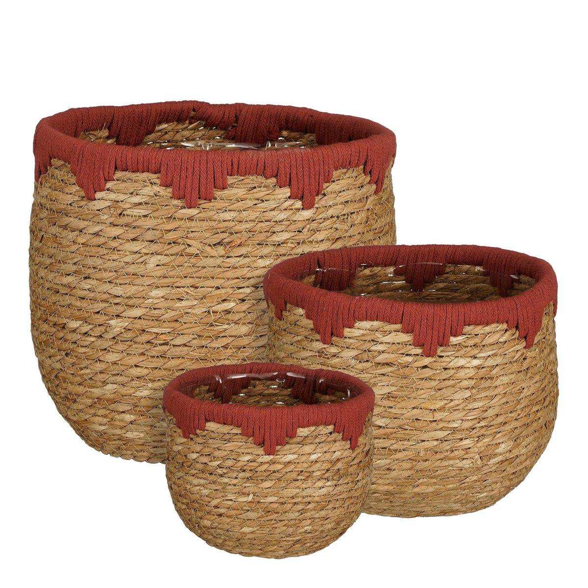Jorck Pflanzkorb – 3er-Set – H24 x Ø26 cm – Seegras – Rot, Braun - HomeDesign Knaus