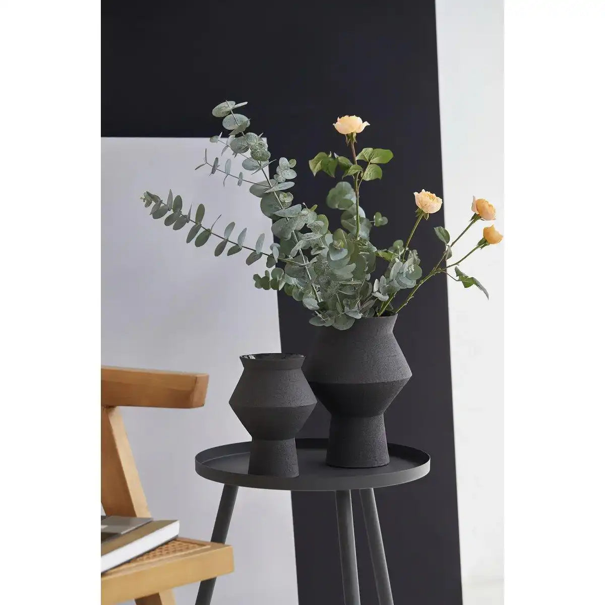 Keramik Blumenvase Gezackte eckige runde Vase Matt Schwarz - HomeDesign Knaus