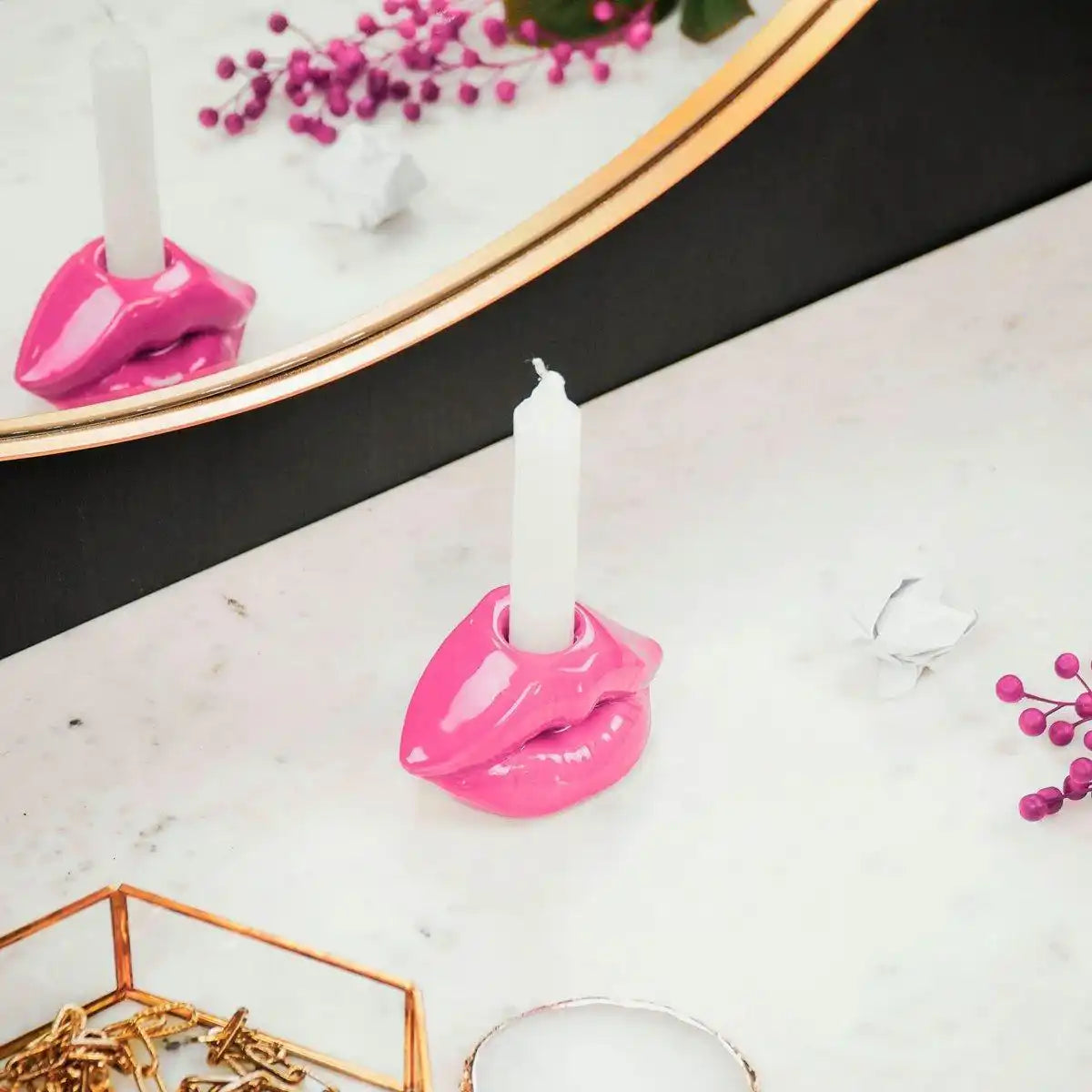 Kerzenhalter - Lippe - Keramik - Neonrosa - 10,5x6,5x5,5cm - HomeDesign Knaus