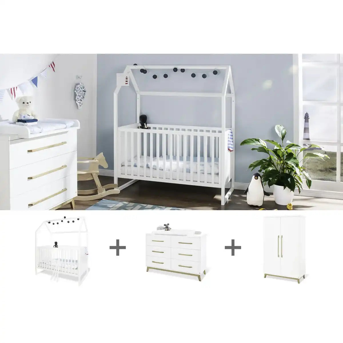 Kinderzimmer 'Hilda & Riva' extrabreit, weiß
3-teilig: Hausbett, extra breite Wickelkommode, 2-türiger Kleiderschrank - HomeDesign Knaus