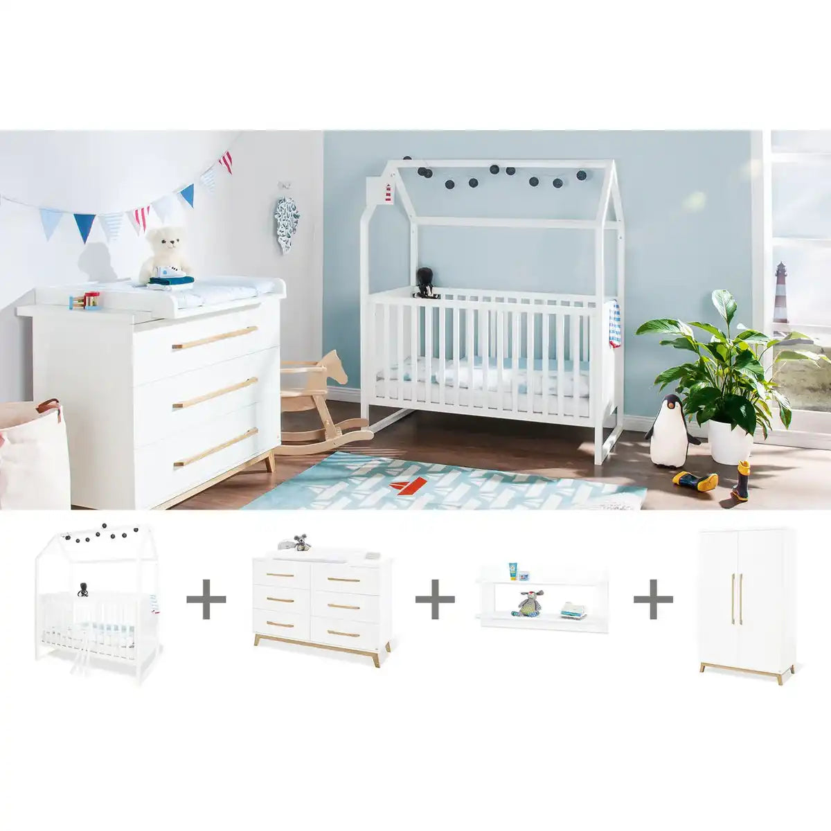 Kinderzimmer 'Hilda & Riva' extrabreit, weiß, inkl. Wandregal
4-teilig: Hausbett, extra breite Wickelkommode, 2-türiger Kleiderschrank, Wandregal - HomeDesign Knaus