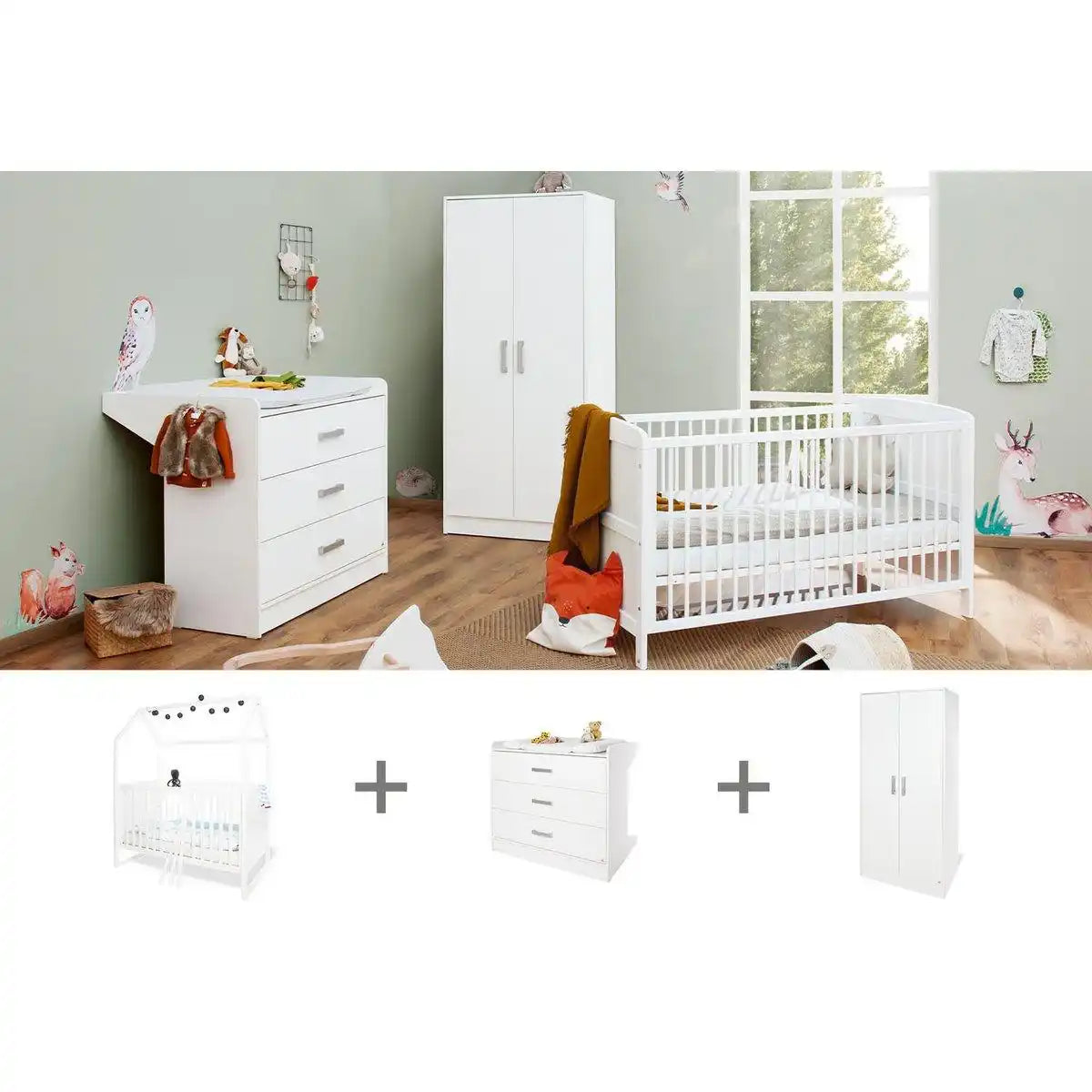 Kinderzimmer 'Hilda &Viktoria' breit, weiß3-teilig: Stubenbett, breite Wickelkommode, 2-türiger Kleiderschrank - HomeDesign Knaus