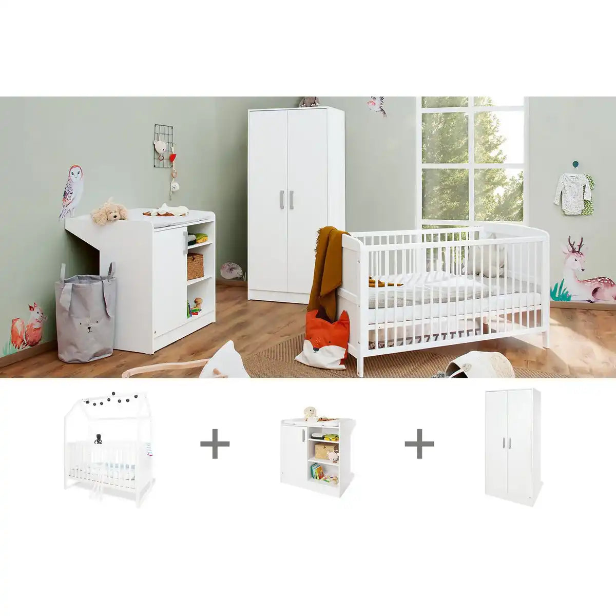 Kinderzimmer 'Hilda &Viktoria', weiß3-teilig: Stubenbett, Wickelkommode, 2-türiger Kleiderschrank - HomeDesign Knaus