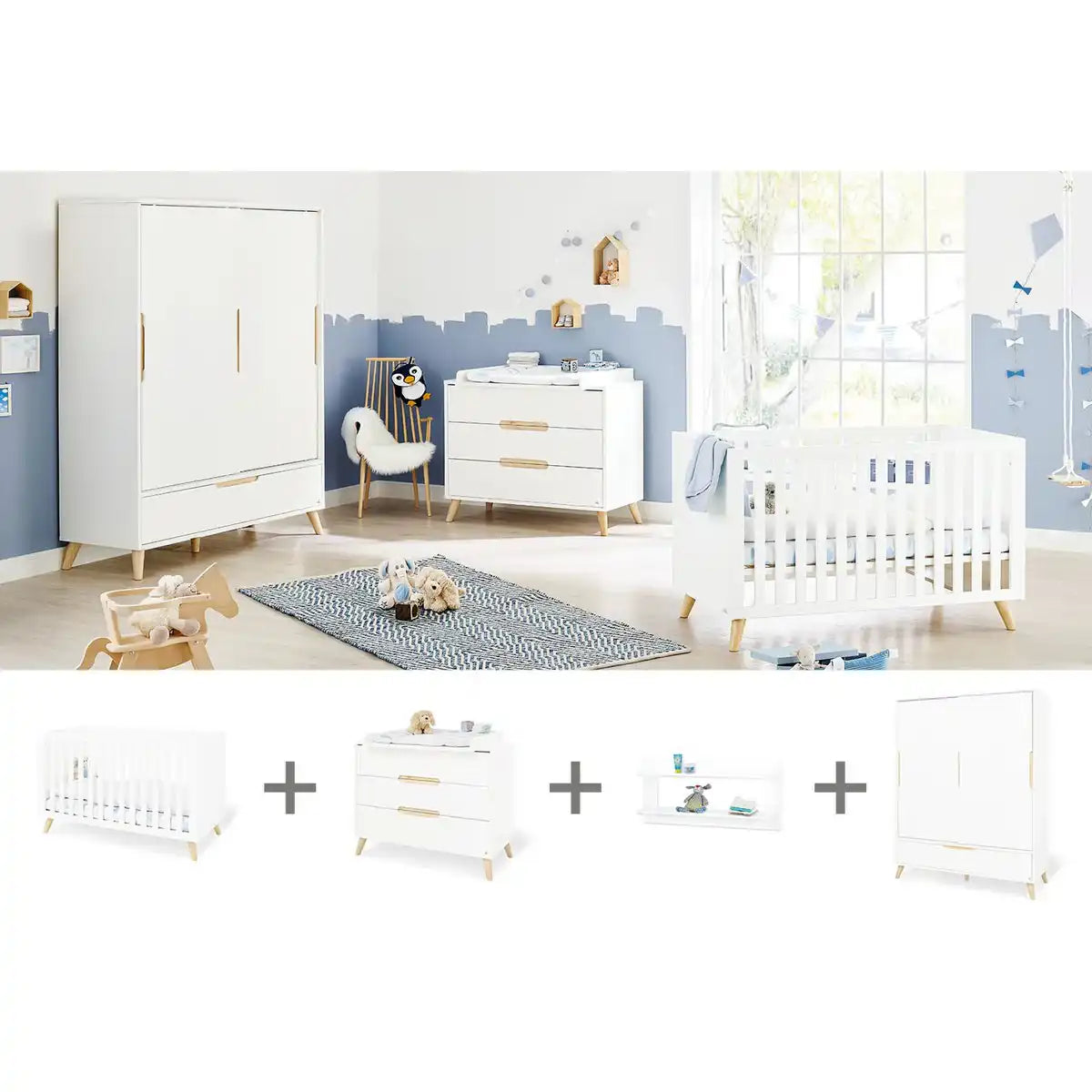 Kinderzimmer 'Move' breit groß, inkl. Wandregal
4-teilig: Kinderbett, breite Wickelkommode, großer Kleiderschrank, Wandregal - HomeDesign Knaus