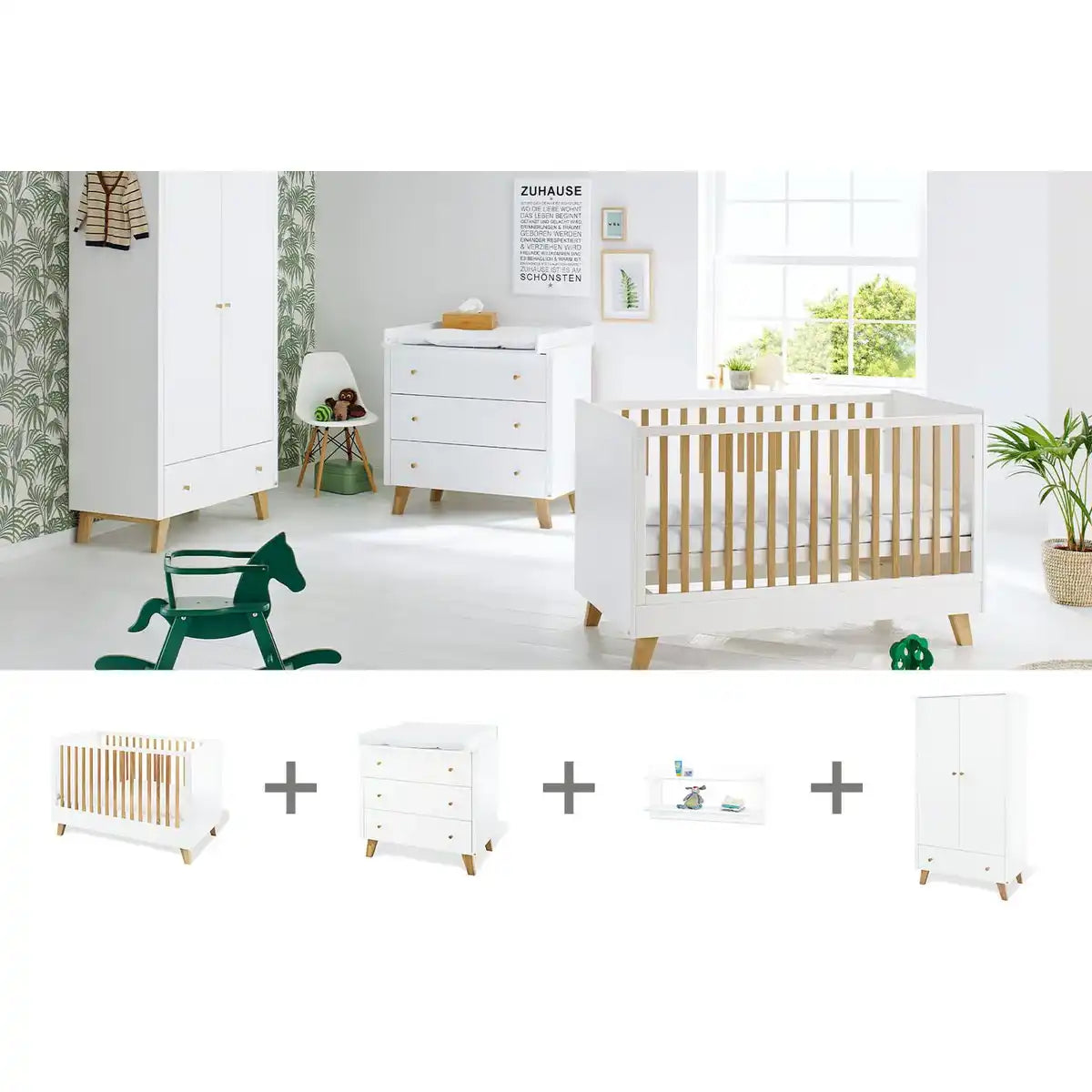 Kinderzimmer 'Pfanne' breit, inkl. Wandregal
4-teilig: Kinderbett, breite Wickelkommode, 2-türiger Kleiderschrank, Wandregal - HomeDesign Knaus