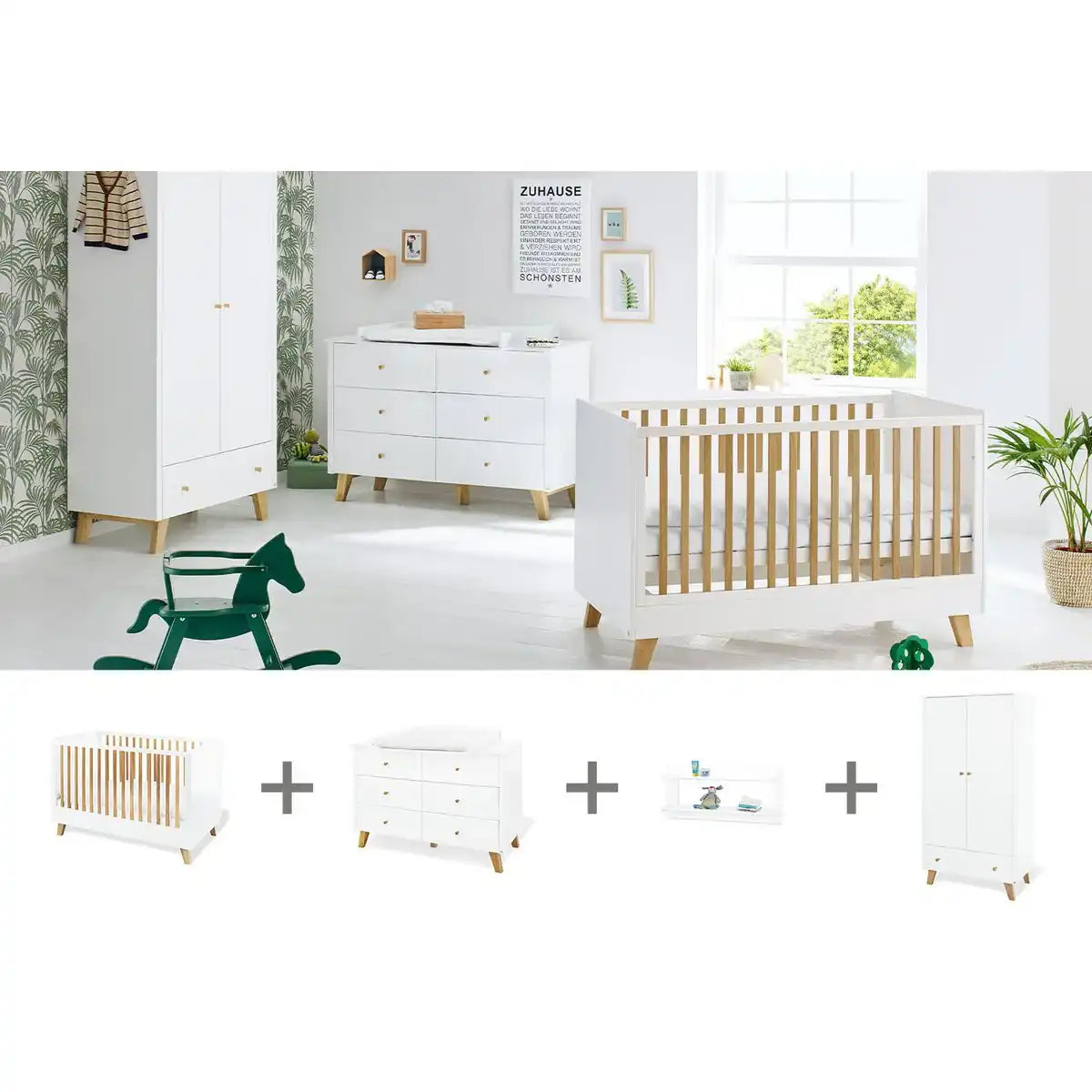 Kinderzimmer 'Pfanne' extra breit, inkl. Wandregal
4-teilig: Kinderbett, extra breite Wickelkommode, 2-türiger Kleiderschrank, Wandregal - HomeDesign Knaus