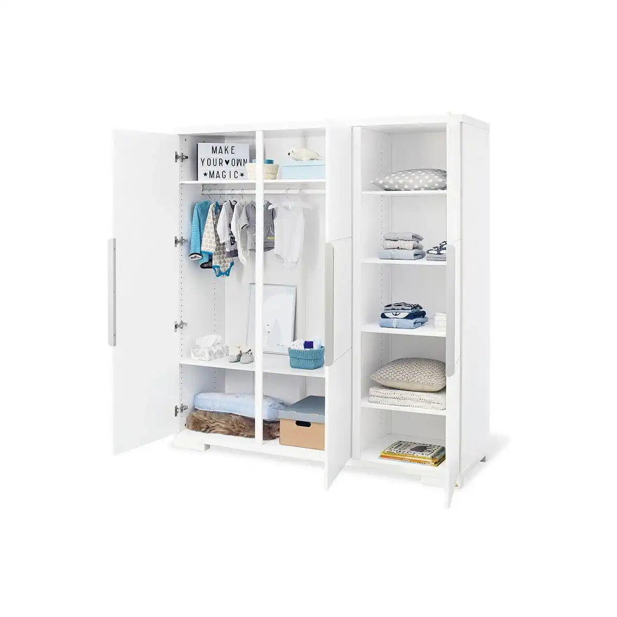 Kinderzimmer 'Polar' extra breit groß, inkl. Wandregal4-teilig: Kinderbett, extrabreite Wickelkommode, großer Kleiderschrank, Wandregal - HomeDesign Knaus