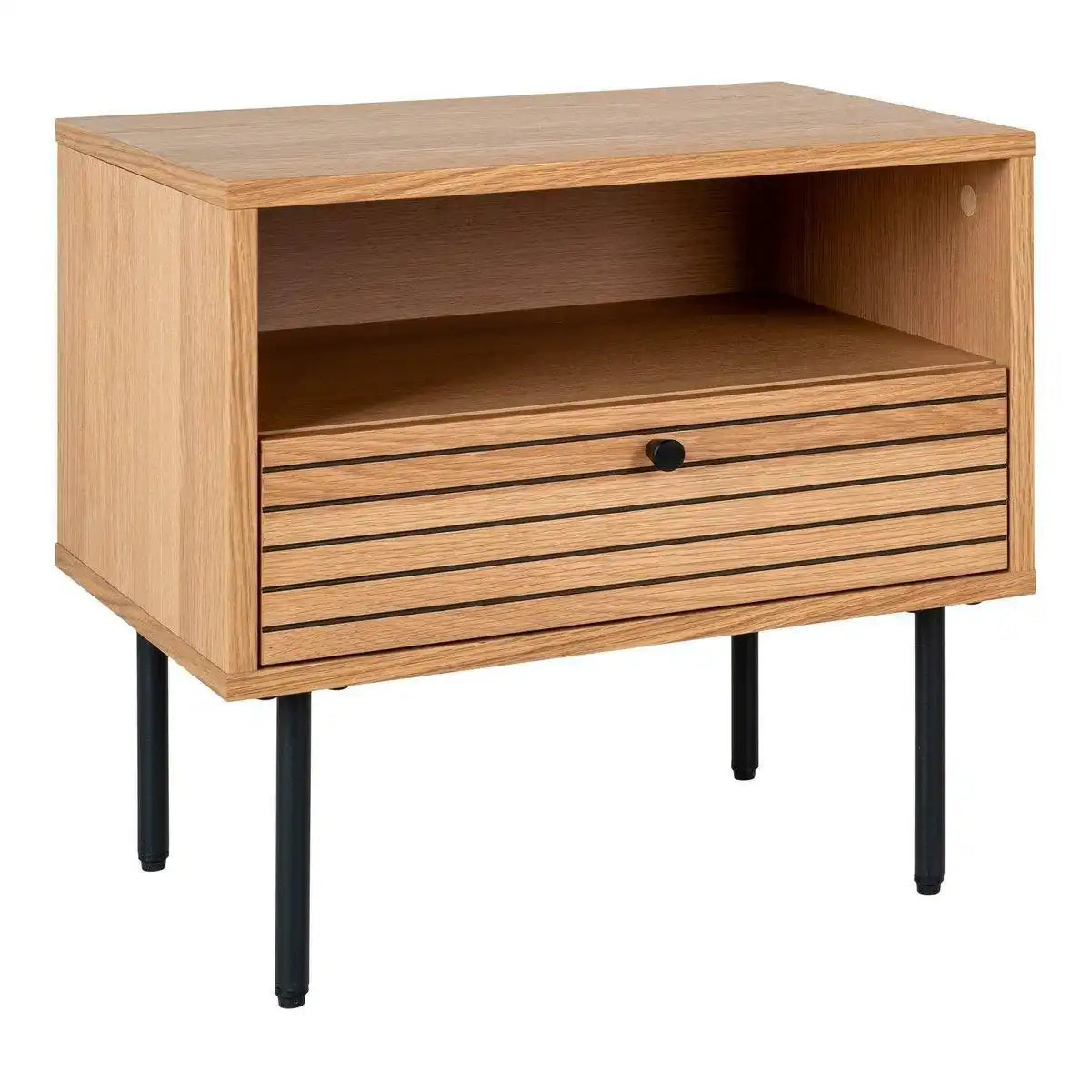 Kyoto Beistelltisch – Beistelltisch, Eichenfurnier, schwarze Metallbeine, 1 Schublade, 50 x 40 x 50 cm - HomeDesign Knaus