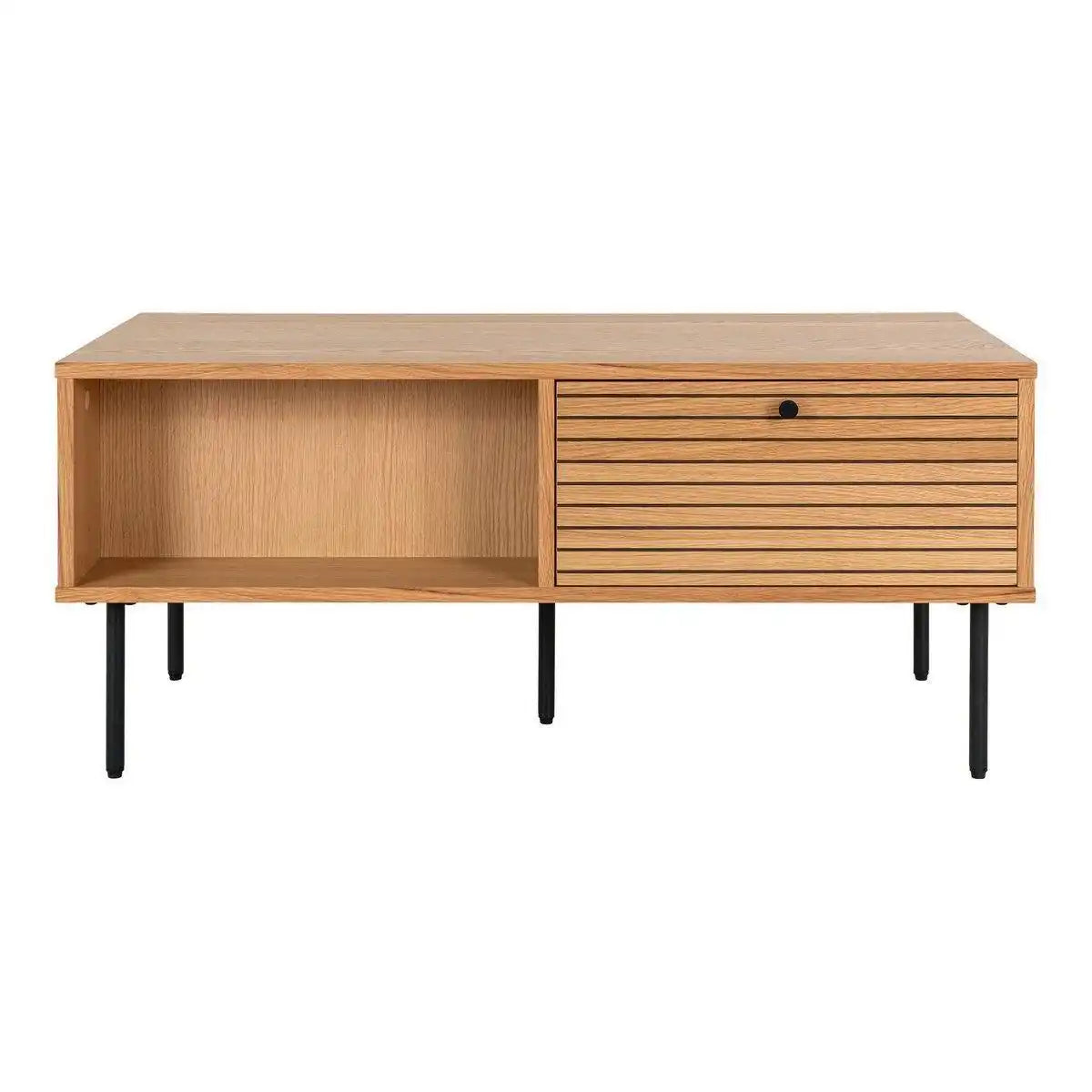 Kyoto Couchtisch – Couchtisch, Eichenfurnier, schwarze Metallbeine, 2 Schubladen, 50 x 100 x 45 cm - HomeDesign Knaus