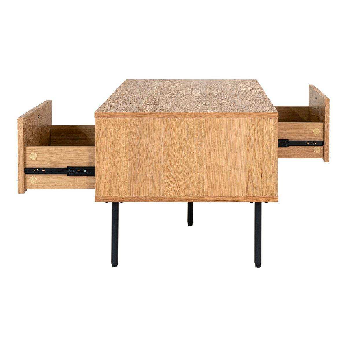Kyoto Couchtisch – Couchtisch, Eichenfurnier, schwarze Metallbeine, 2 Schubladen, 50 x 100 x 45 cm - HomeDesign Knaus