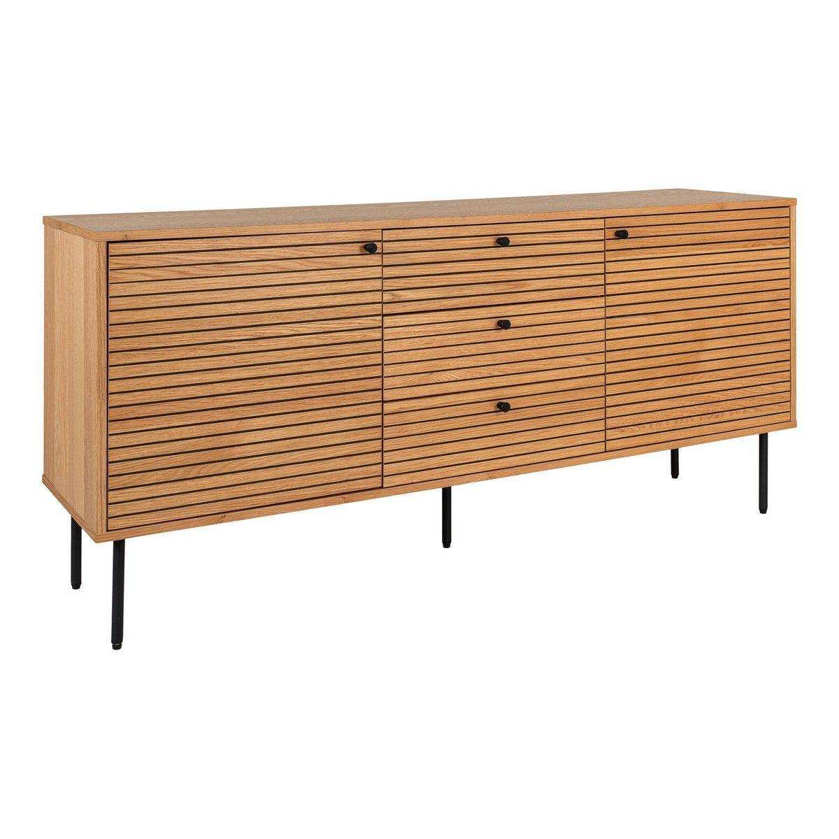 Kyoto Sideboard – Sideboard, Eichenfurnier, schwarze Metallbeine, 3 Schubladen und 2 Türen, 150 x 40 x 74 cm - HomeDesign Knaus