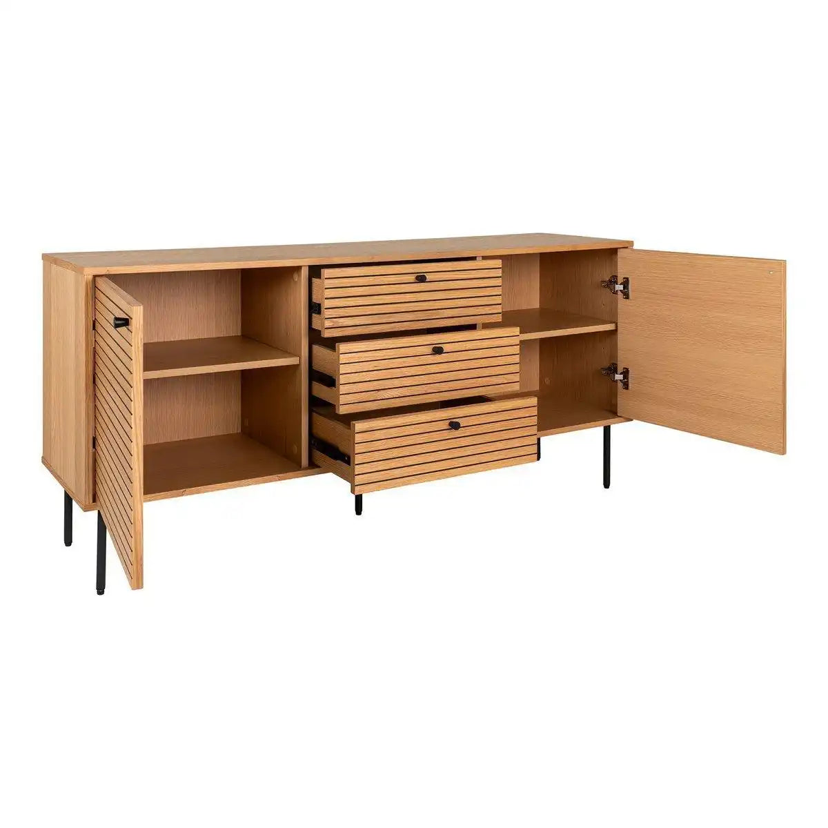 Kyoto Sideboard – Sideboard, Eichenfurnier, schwarze Metallbeine, 3 Schubladen und 2 Türen, 150 x 40 x 74 cm - HomeDesign Knaus